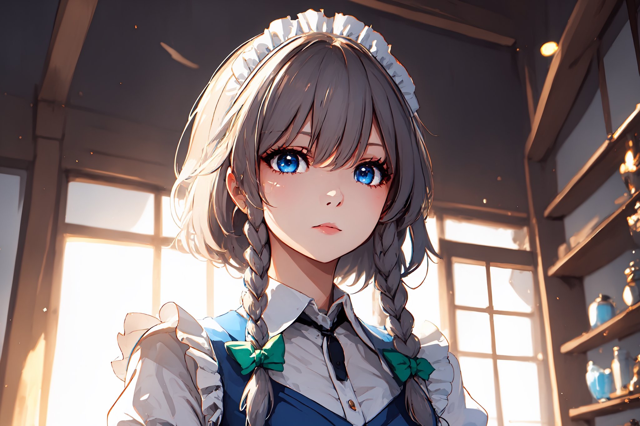 Beautiful girl. The background of the picture is a luxurious ancient city. Detailed eyes, detailed image, detailed skin; . blue eyes. Proportional and beautyful body. It's nightime.,pastelbg,Beautiful,izayoi_sakuya_touhou, izayoi sakuya, maid, , grey hair, medium breasts, , , indoors,, serious face, blue eyes, dark blue eyes, green ribbons,