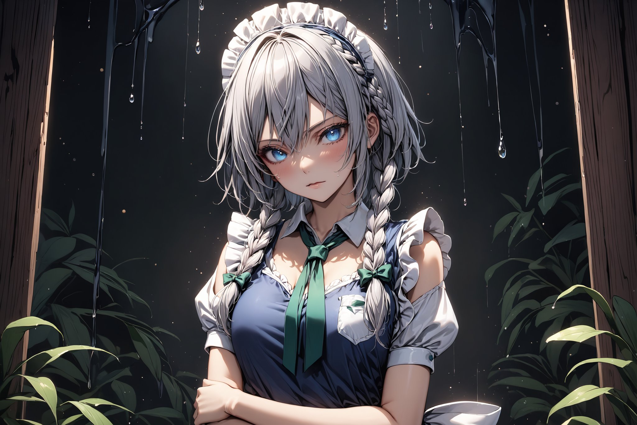 Beautiful girl. detailed image, detailed skin, upper body, standing, looking at the viewer, glowing eyeswater drop, ((masterpiece: 1.2)), light particles, ink droplets in background. 1girl, solo,Sakuya,Sakuya Izayoi,blue maid outfit,white apron,white maid headband,silver short hair,(two braided hair:1.2),blue eyes,green ribbons on her braid,big green bowtie