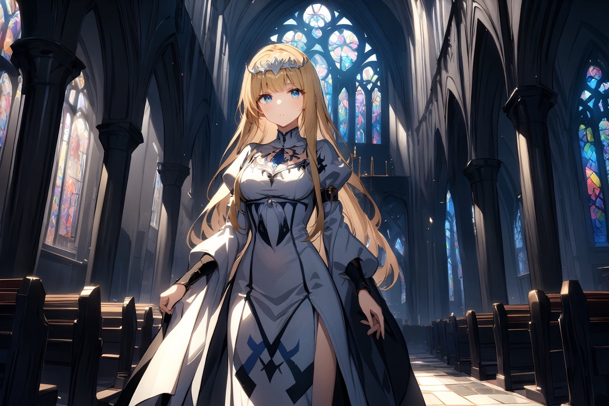 1girl, solo, long hair, looking at the viewer, , ,, highly detailed, best quality, absurd res, lighting, detailed, HDR, natural light, stained glass, indoor, in the gothic victorian style cathedral, Calca, solo, calca, blonde hair, medium chest, extremely long hair, very long hair, extra long hair, white tiara, white dress, blue eyes,Calca Bessarez