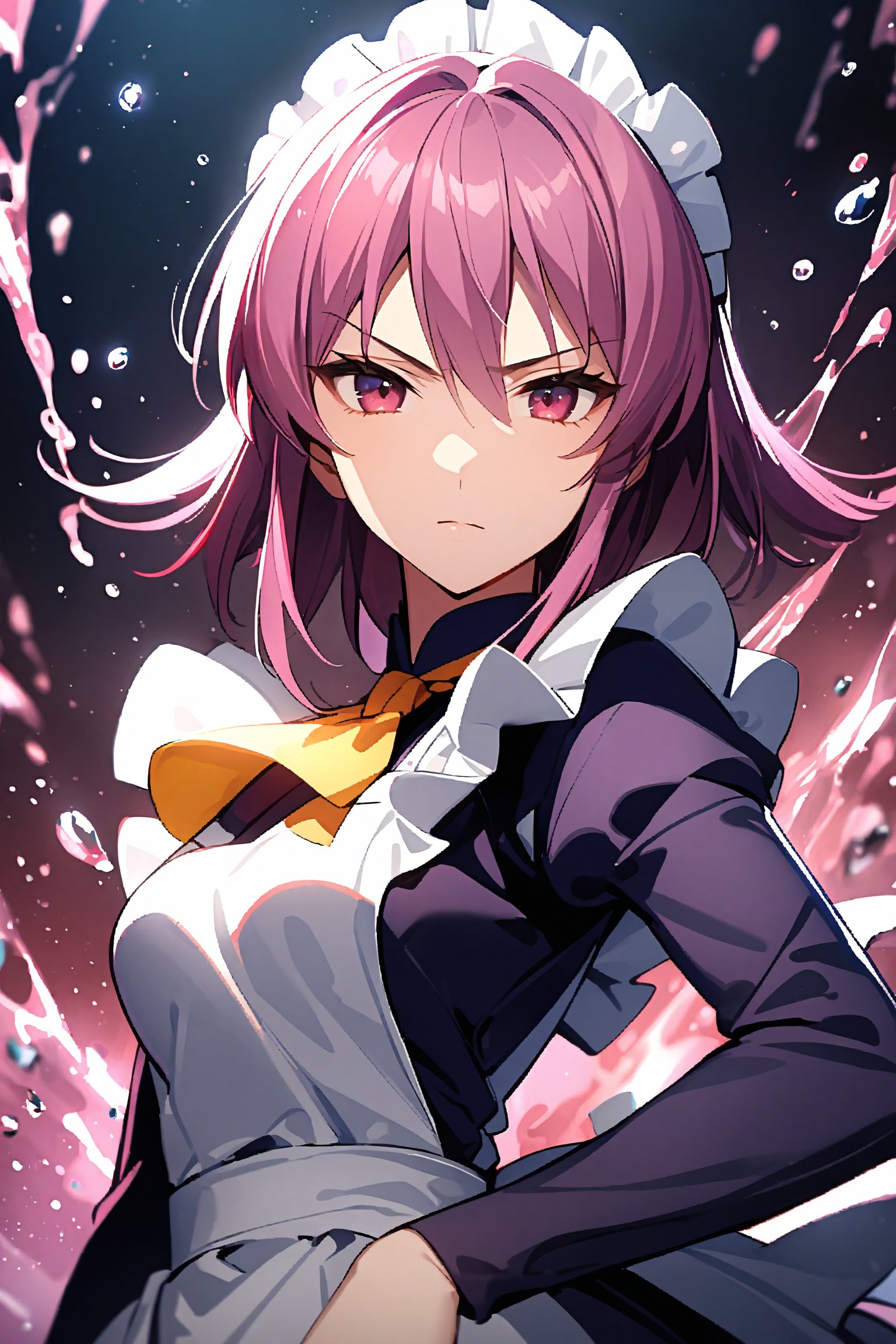 Beautiful girl.  detailed image, looking at viewer, beautiful eyes, , water drop, ((masterpiece: 1.2)), light particles, ink droplets in background,1girl,dark purple maid dress,white apron,white maid headband,yellow double necktie,long sleeve,dark pink hair,sidelock,short hair,dark pink eyes, 25 years old, serious face