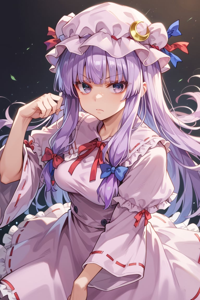  score_9, score_8_up, score_7_up, score_6_up, source_anime, ((masterpiece)), ultra-detailed, best quality, 8k, high resolution, high detailed eyes, attractive eyes, serious face, extremely detailed face, extremely detailed eyes, dynamic pose, 1girl, solo, patchouli_knowledge, long hair, straight hair, purple eyes, purple hair, pale purple dress, pale purple hat, ribbons