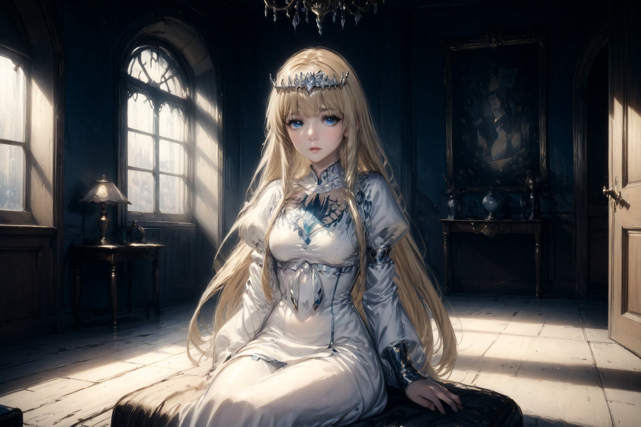 looking at the viewer, bangs,  sitting, parted lips, indoors, realistic, 1girl, solo, Calca, Calca Bessarez, blonde hair, (extremely long hair:1.3), very long hair, white tiara, white dress, blue eyes, medium chest, extremely long hair,blunt bangs