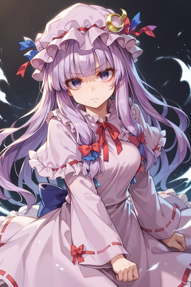  score_9, score_8_up, score_7_up, score_6_up, source_anime, ((masterpiece)), ultra-detailed, best quality, 8k, high resolution, high detailed eyes, attractive eyes, serious face, extremely detailed face, extremely detailed eyes, dynamic pose, 1girl, solo, patchouli_knowledge, long hair, straight hair, purple eyes, purple hair, pale purple dress, pale purple hat, ribbons