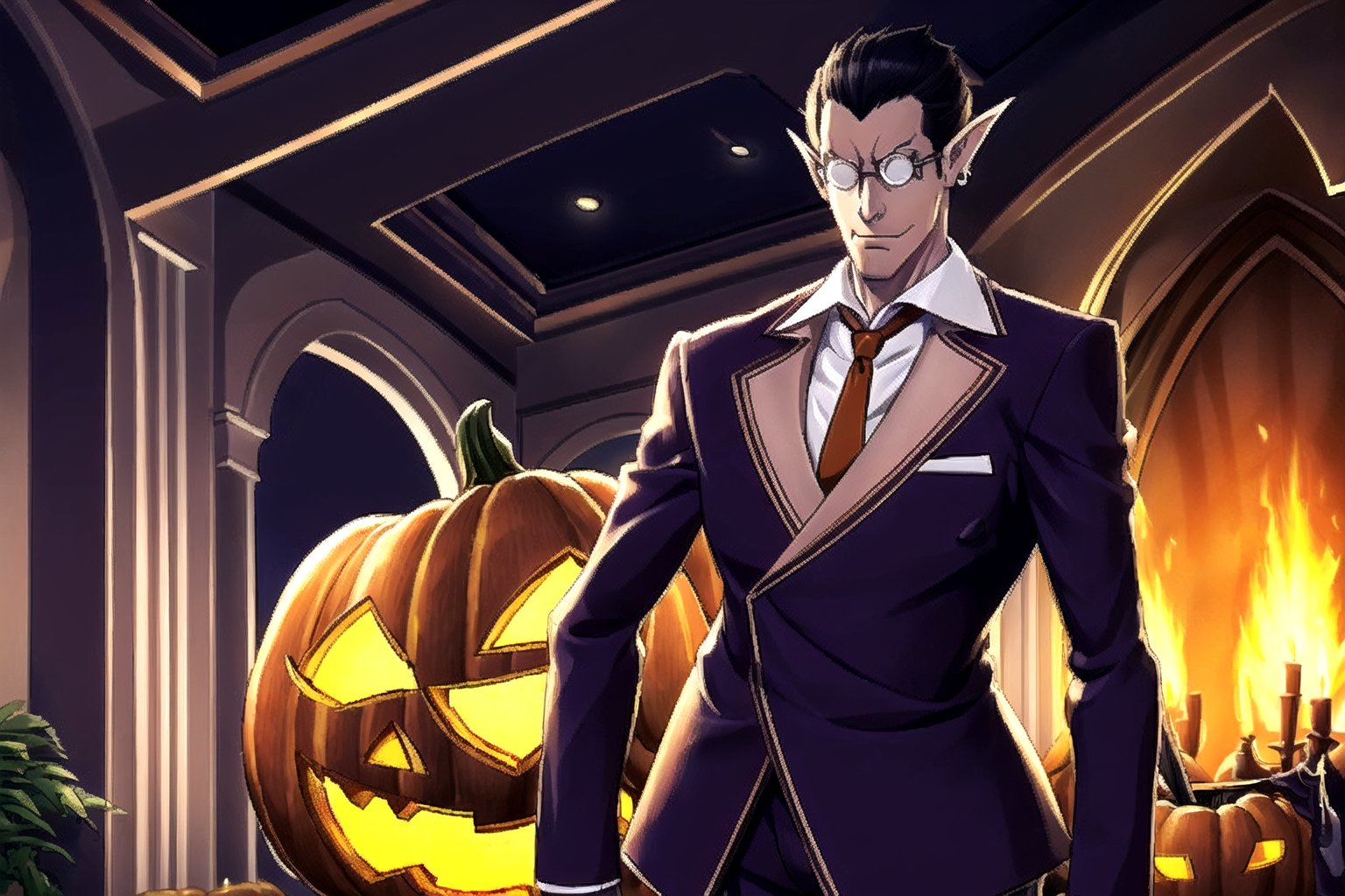 (((masterpiece))),best quality, illustration,(detailed male), (Hallloween party:1.4), pumpkins, surrounded by pumpkins, detailed lighting, detailed fire, haunted house, cancel light, horror atmosphere, (detailed eyes), expressionless,,demiurge, orange suit, orange trouser, Orange Necktie, Silver Round Glasses, short hair, pointy ears, black hair, Diamond Eyes, long metal tail, black gloves, demiurge, (Halloween outfit:1.4), villain, bat