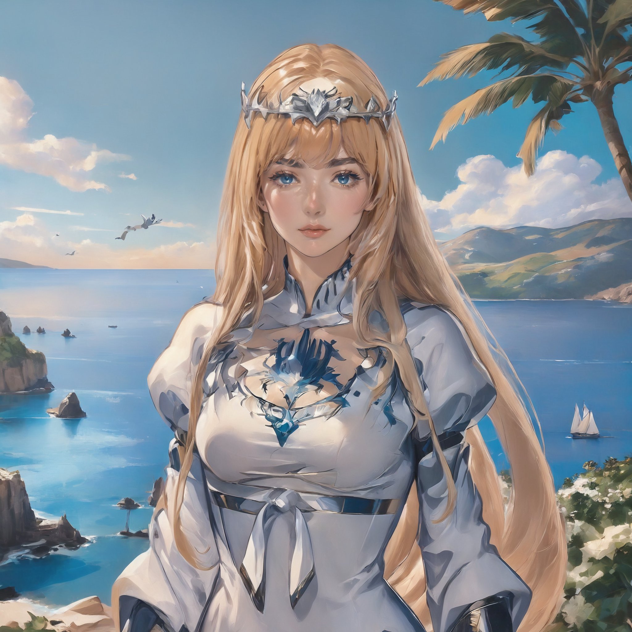 ((Hyper-realistic chest photo ((with anime style)) of a beautiful Mediterranean woman, ((with a brave facial expression)), (with a highly detailed Medieval RPG Mediterranean Sea Landscape design for the background)),, ((using RPG anime makeup of lipstick, eyeliner, eyeshadow and blush)))), ((Perfectly detailed and perfect symmetrical body and head)), ((Perfectly symmetrical and perfectly detailed face)), ((perfectly formed and symmetrically correct hands and fingers)), ((8K High Definition photo)), ((colored but not saturated, perfect contrast between lights and shadows)),  1girl, solo, Calca, Calca Bessarez, blonde hair, (extremely long hair:1.3), very long hair, white tiara, white dress, blue eyes,extremely long hair