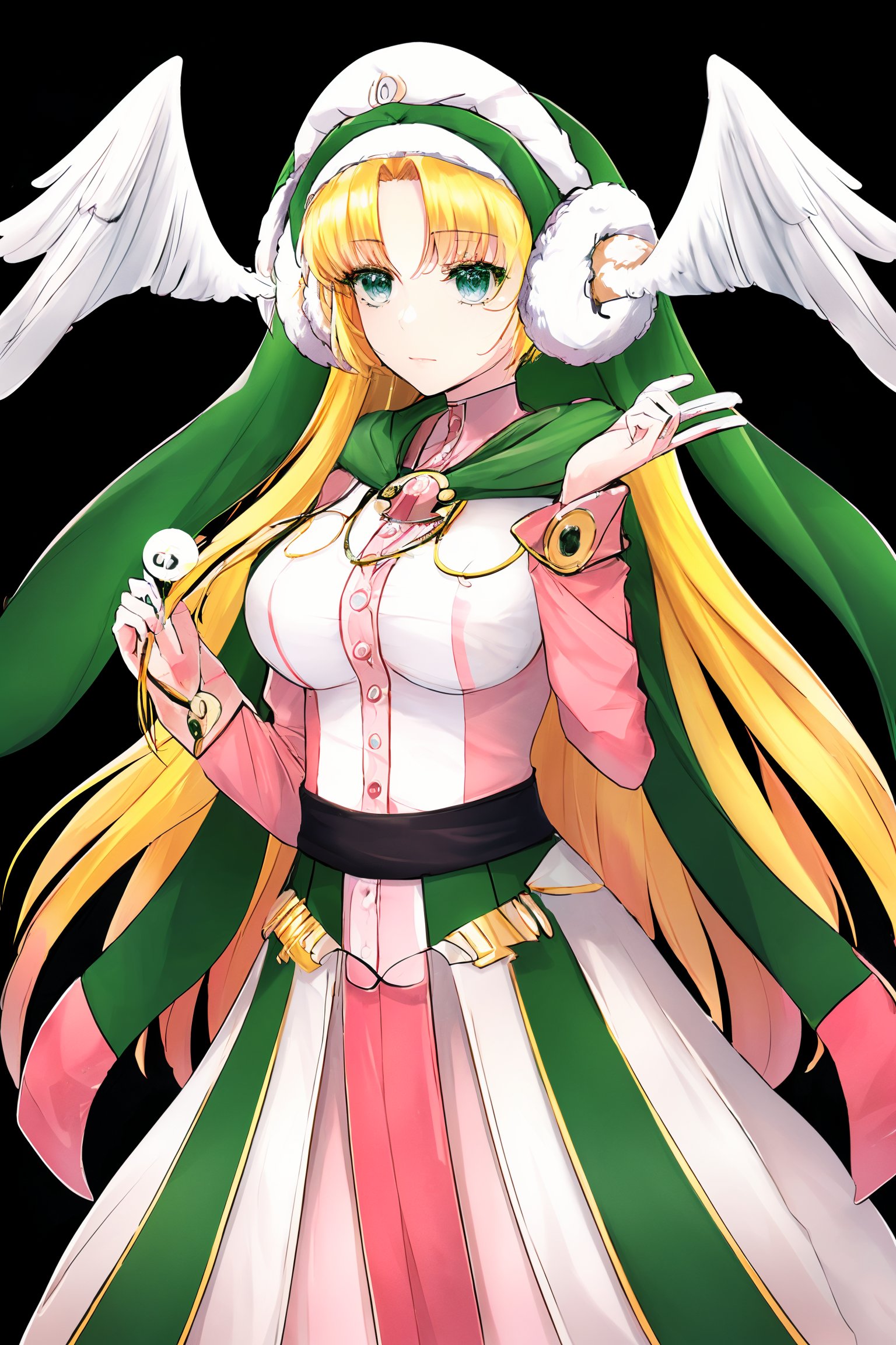 ((masterpiece)), ((best quality)), (ultra-detailed), ((extremely detailed)), best quality, (beautiful), beautiful light blue eyes, ((beautiful eyes)), sparkling effect,, {low saturation color}, 1girl, Divine Chant, 4th Seat of the Black Scripture, blonde hair, green eye, pink dress, green hood, very long hair, 1girl, (white angelwing-shaped earmuffs:1.3),