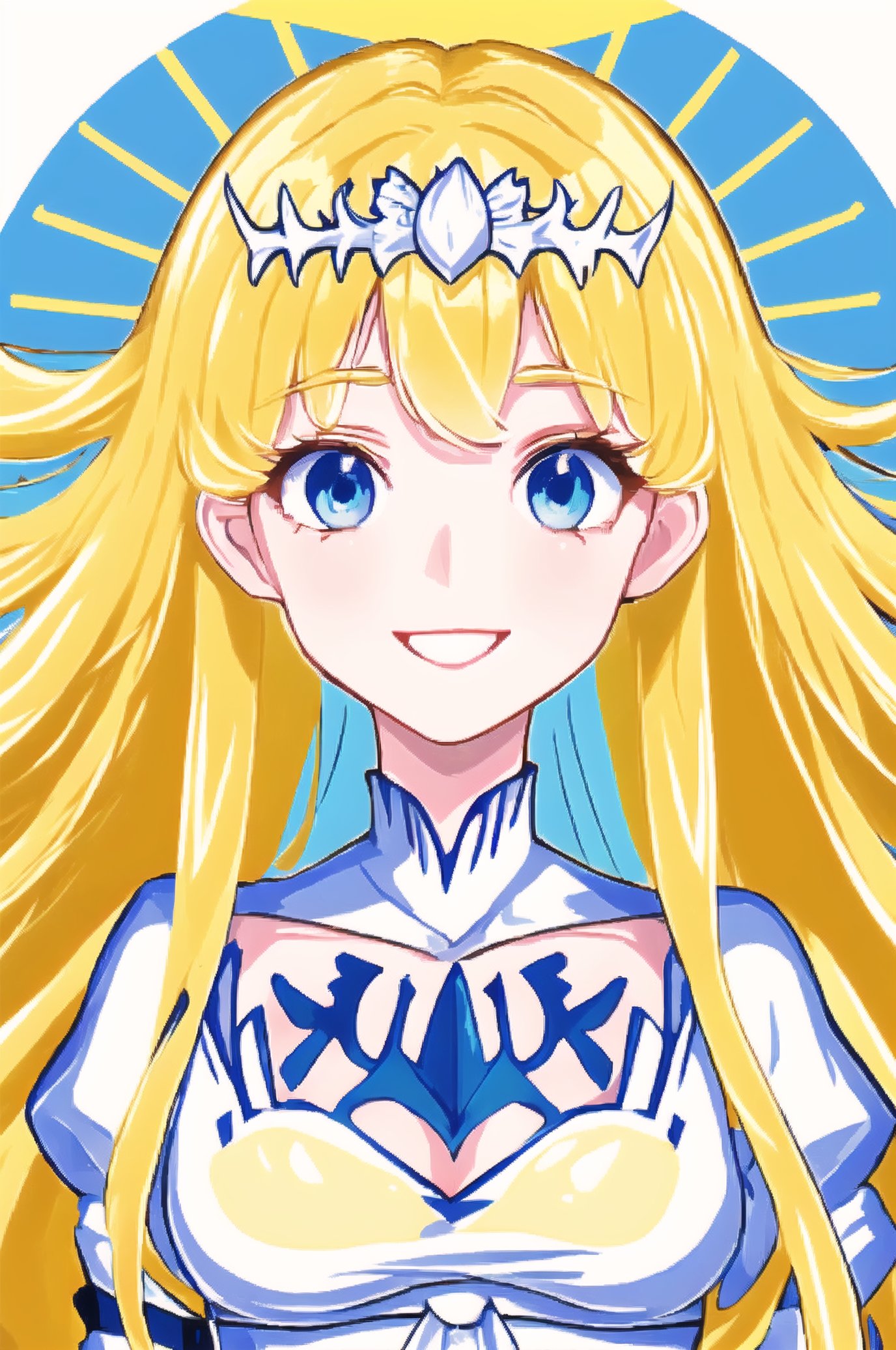 facial shot, bright eyes,, smiling, ,1girl, solo, Calca, Calca Bessarez, blonde hair, (extremely long hair:1.3), very long hair, white tiara, white dress, blue eyes, medium chest, medium breast, yellow hair color