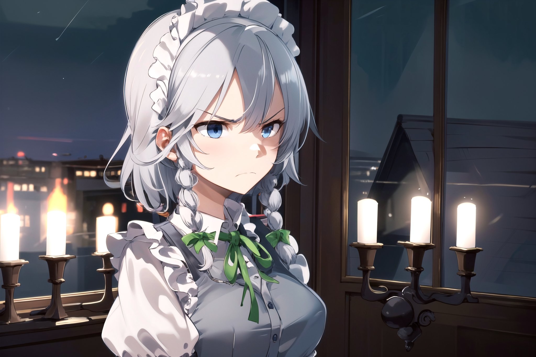 masterpiece, best quality, high-res,  1girl, solo, sakuya1, izayoi sakuya, maid, , grey hair, medium breasts, , , , indoors,1girl, serious face, blue eyes, dark blue eyes, green ribbons, night time, gothic victorian style mansion