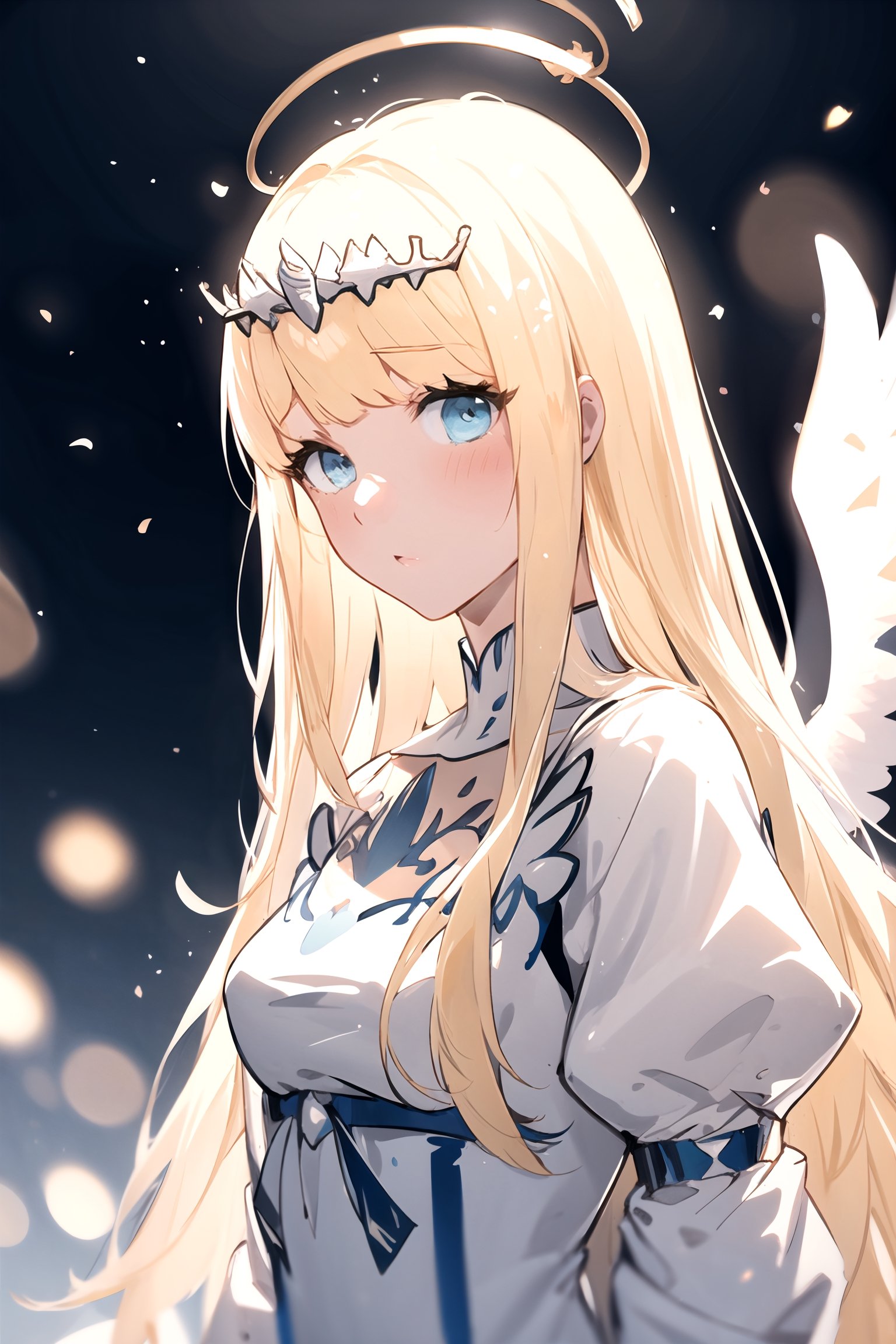 , 1girl, looking at the viewer, blush,upper body, wings,  , from the side, looking to the side, depth of field, heaven background, halo, light particles, angel, , Calca, solo, calca, blonde hair, medium chest, extremely long hair, very long hair, extra long hair, white tiara, white dress, blue eyes,Calca Bessarez