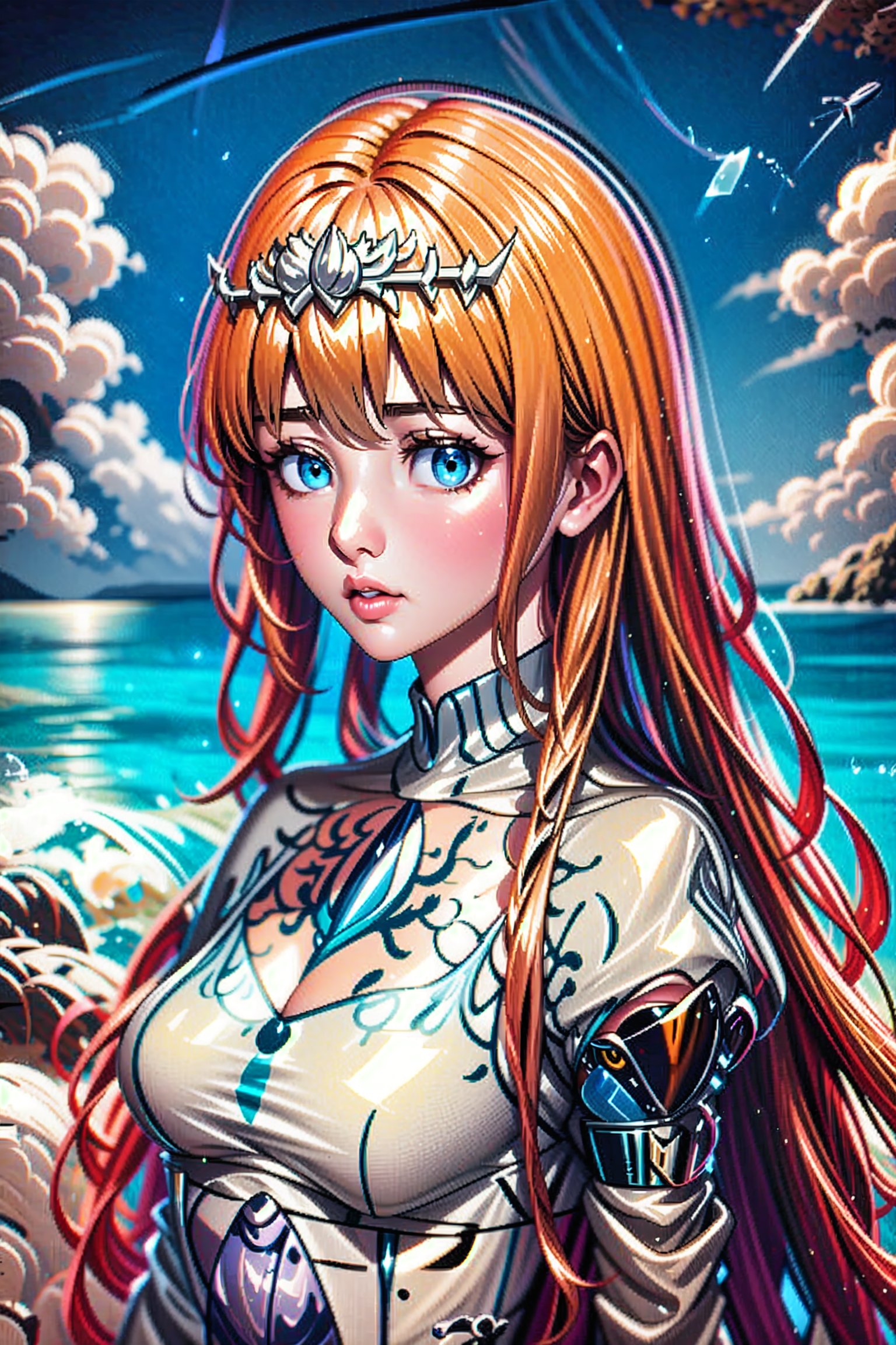 lips, landscape into The sea, Blue sky, Hd, anime, like deviant art.,Colorful Binary Code Energy,DonMW15p,plasttech, , 1girl, solo, Calca, Calca Bessarez, blonde hair, (extremely long hair:1.3), very long hair, white tiara, white dress, blue eyes, medium chest, bangs, blunt bangs