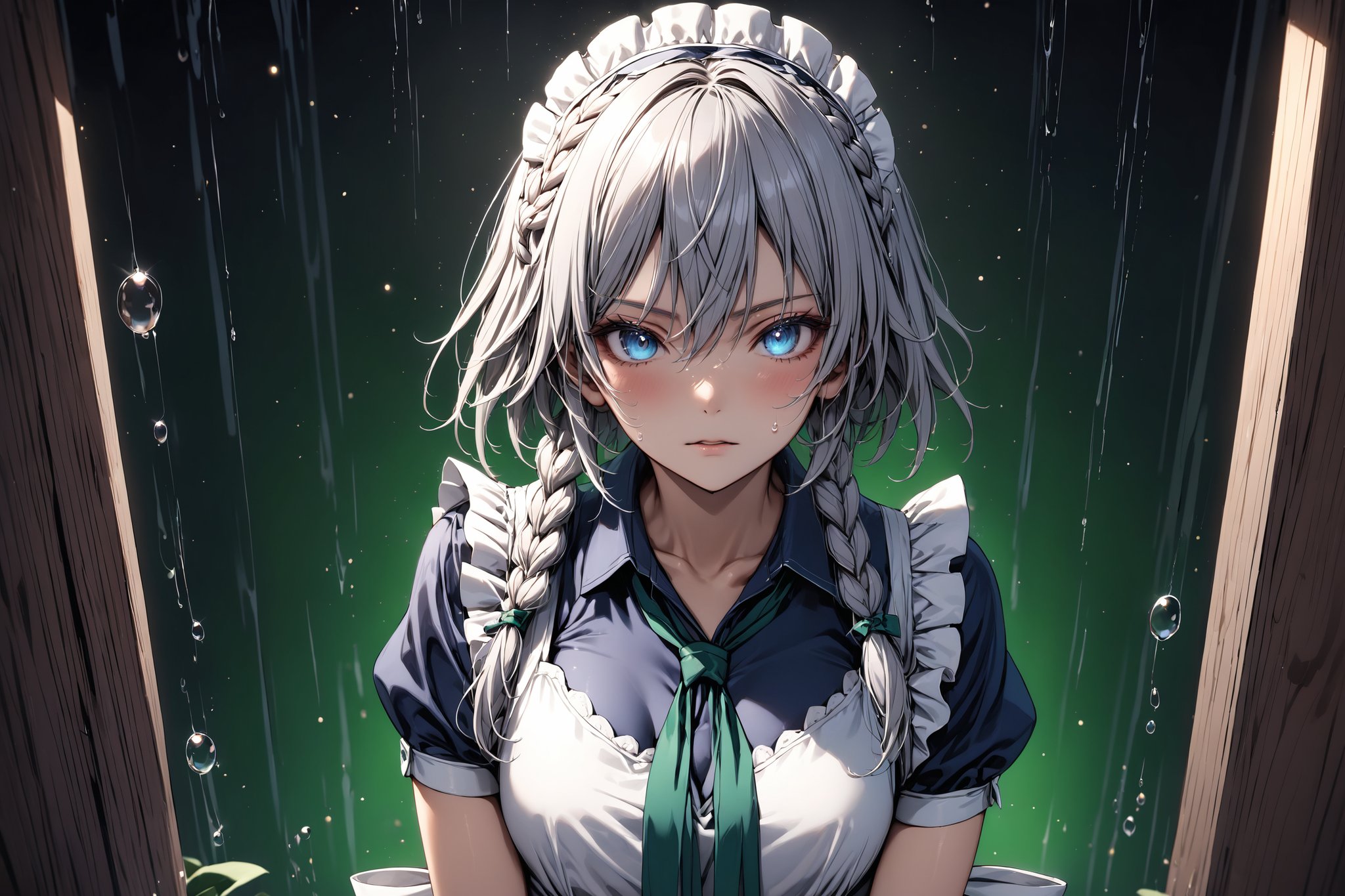 Beautiful girl. detailed image, detailed skin, upper body, standing, looking at the viewer, glowing eyeswater drop, ((masterpiece: 1.2)), light particles, ink droplets in background. 1girl, solo,Sakuya,Sakuya Izayoi,blue maid outfit,white apron,white maid headband,silver short hair,(two braided hair:1.2),blue eyes,green ribbons on her braid,big green bowtie