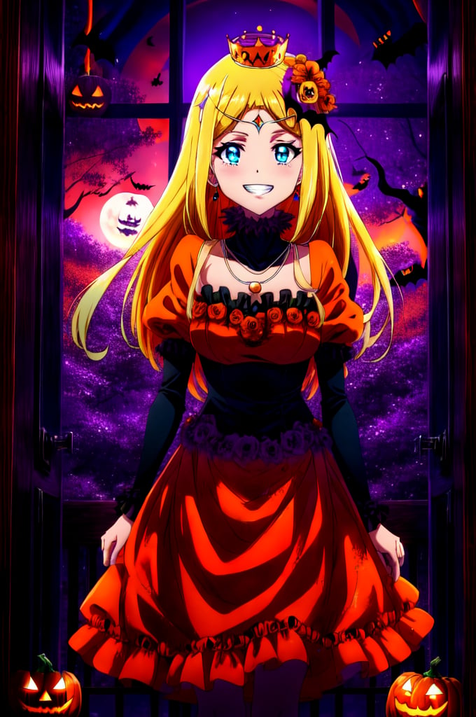 score_9, score_8_up, score_7_up, source_anime, rennertheierechardelonrylevaiself, renner theiere chardelon ryle vaiself, long hair, blue eyes, blonde hair, hair ornament, very long hair, flower, hair flower, smile, evil smile, evil grin, orange long sleeves, orange dress, jewelry, puffy sleeves, Halloween necklace, orange dress, crown, princess, frills, indoors, night, night sky, moonlight, moon, curtains, window, looking at viewer, cowboy shot, glowing eyes, hidden in the shadows,  (Halloween party:1.4), (Halloween decoration:1.4), pumpkin, bat, death tree, graveyard, outdoor, Horror atmosphere,