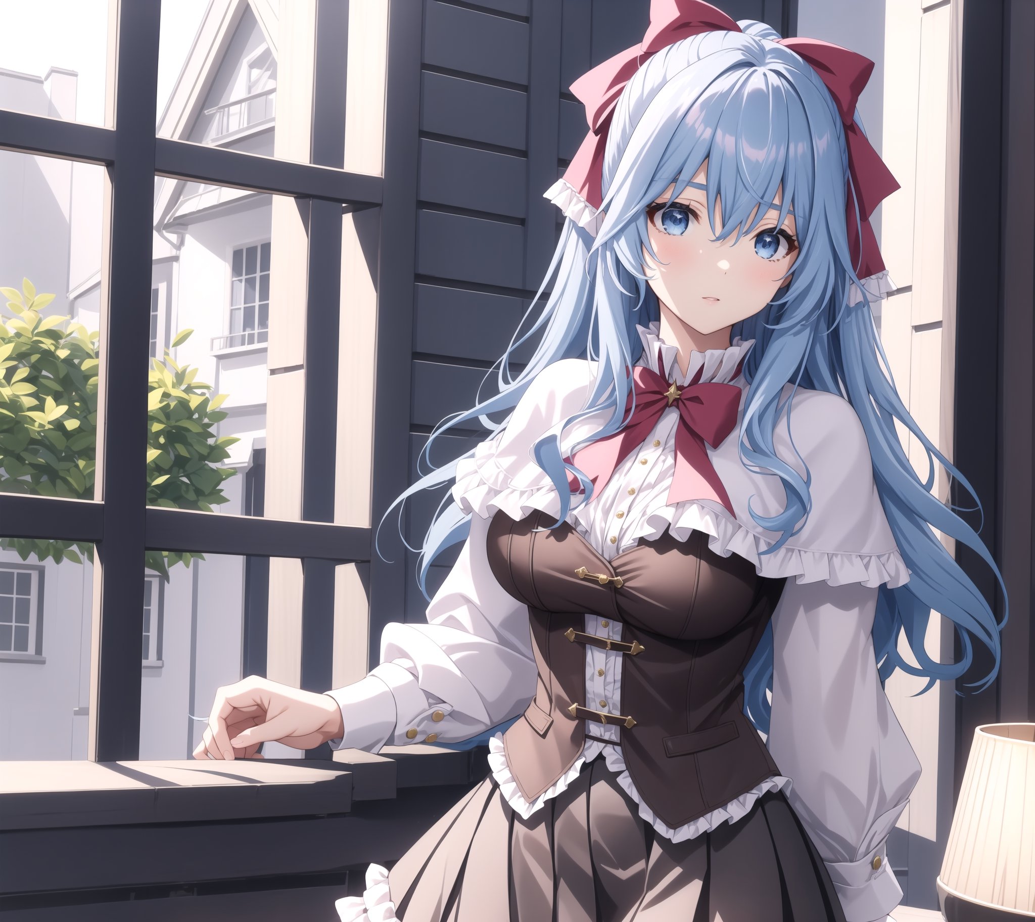 masterpiece, best quality, 1girl, solo, liselottecretia, long hair, blue hair, blue eyes, bangs, hair between eyes, hair ribbon, white shirt, red bowtie, frills, brown vest, capelet, skirt, ,liselottecretia, big_breast