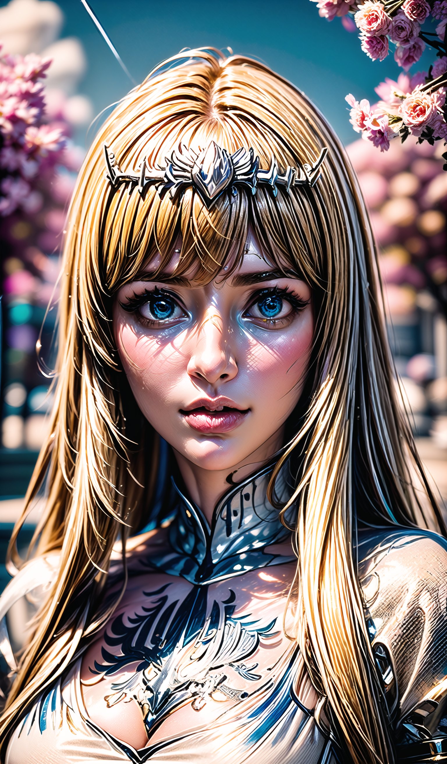 1 girl, straight line cut bangs, flowers, outdoor, sky, extreme detailed, realistic, solo, beautifully detailed eyes, detailed fine nose, detailed fingers,
(masterpiece, top quality, best quality, official art, beautiful and aesthetic:1.2),(1girl:1.4), portrait,,extreme detailed,(fractal art:1.3),(colorful:1.5),highest detailed,(aristocracy:1.5), 1girl, solo, Calca, Calca Bessarez, blonde hair, (extremely long hair:1.3), very long hair, white tiara, white dress, blue eyes, medium chest,medium breast,yellow hair color