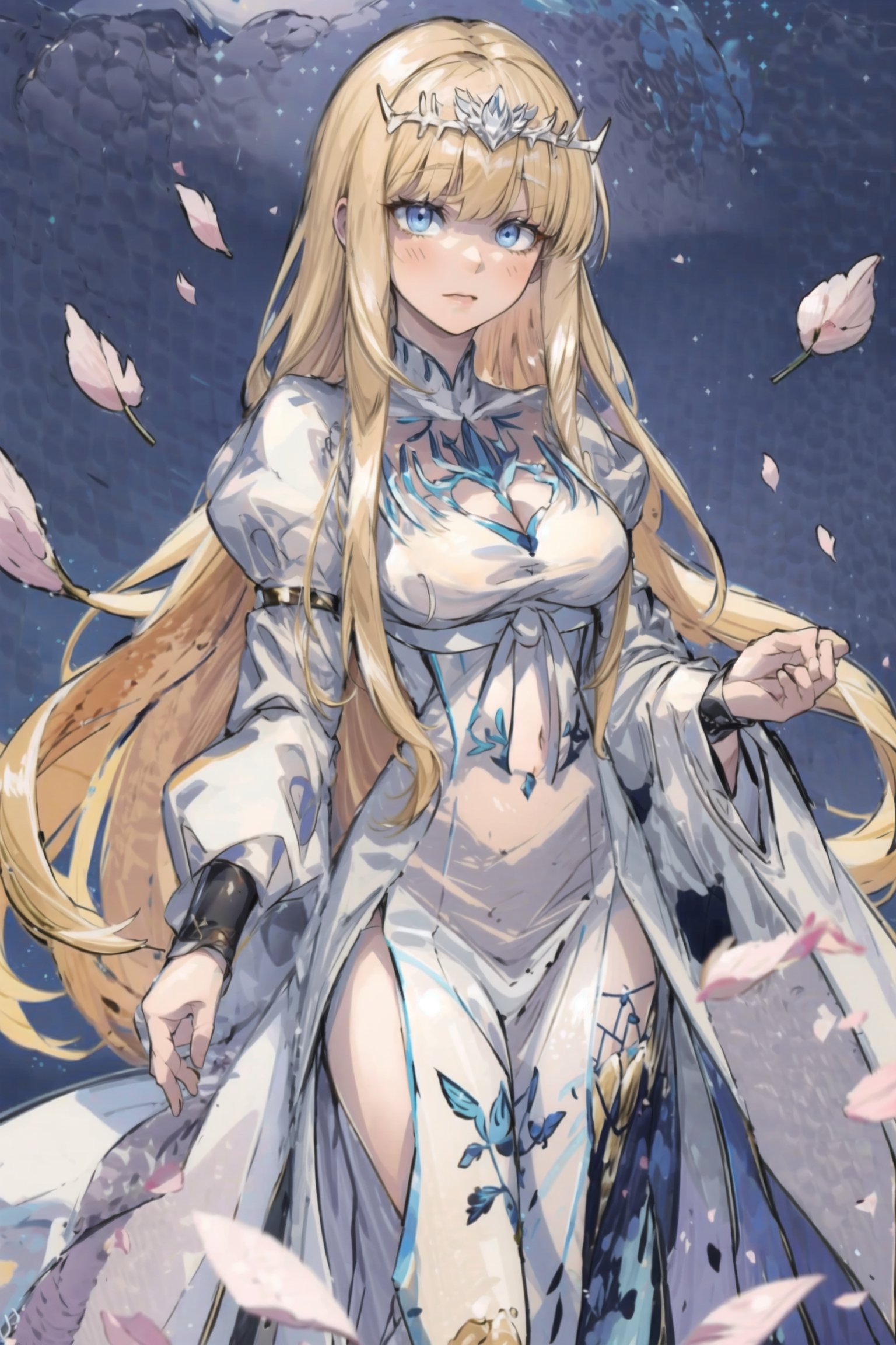 masterpiece,absurdres, best quality, Color Booster,1girl, solo, petals, 

 , Calca, calca, blonde hair, long hair, medium chest, extremely long hair, very long hair, extra long hair, white tiara, white dress, blue eyes, Calca Bessarez, medium breast,