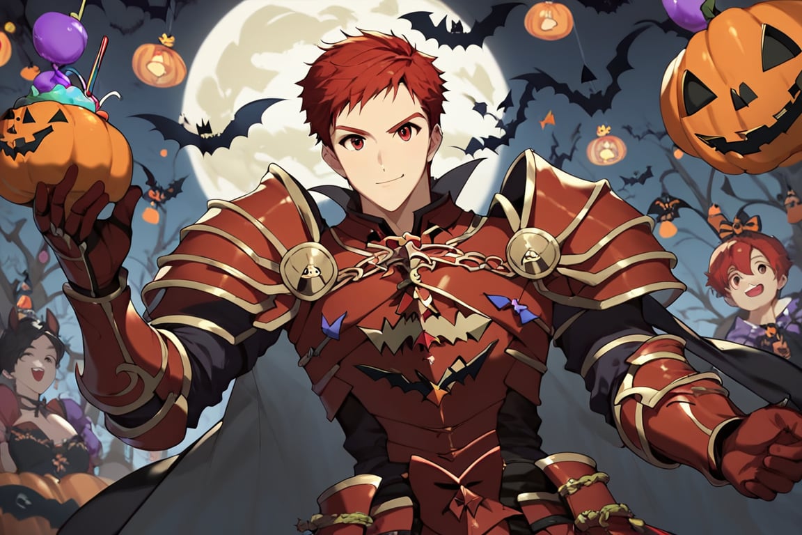 Climb, score_9, score_8_up, score_7_up,, masterpiece, best quality, best aesthetic, 1boy, ((solo)), male focus, red hair, red eyes, short-hair, red armor, red gauntlets, red pumpkins shoulder armor, Spooky breastplate, red armored bootsoutdoors,  (Halloween party:1.4), (Halloween decoration:1.4), black bat wings 