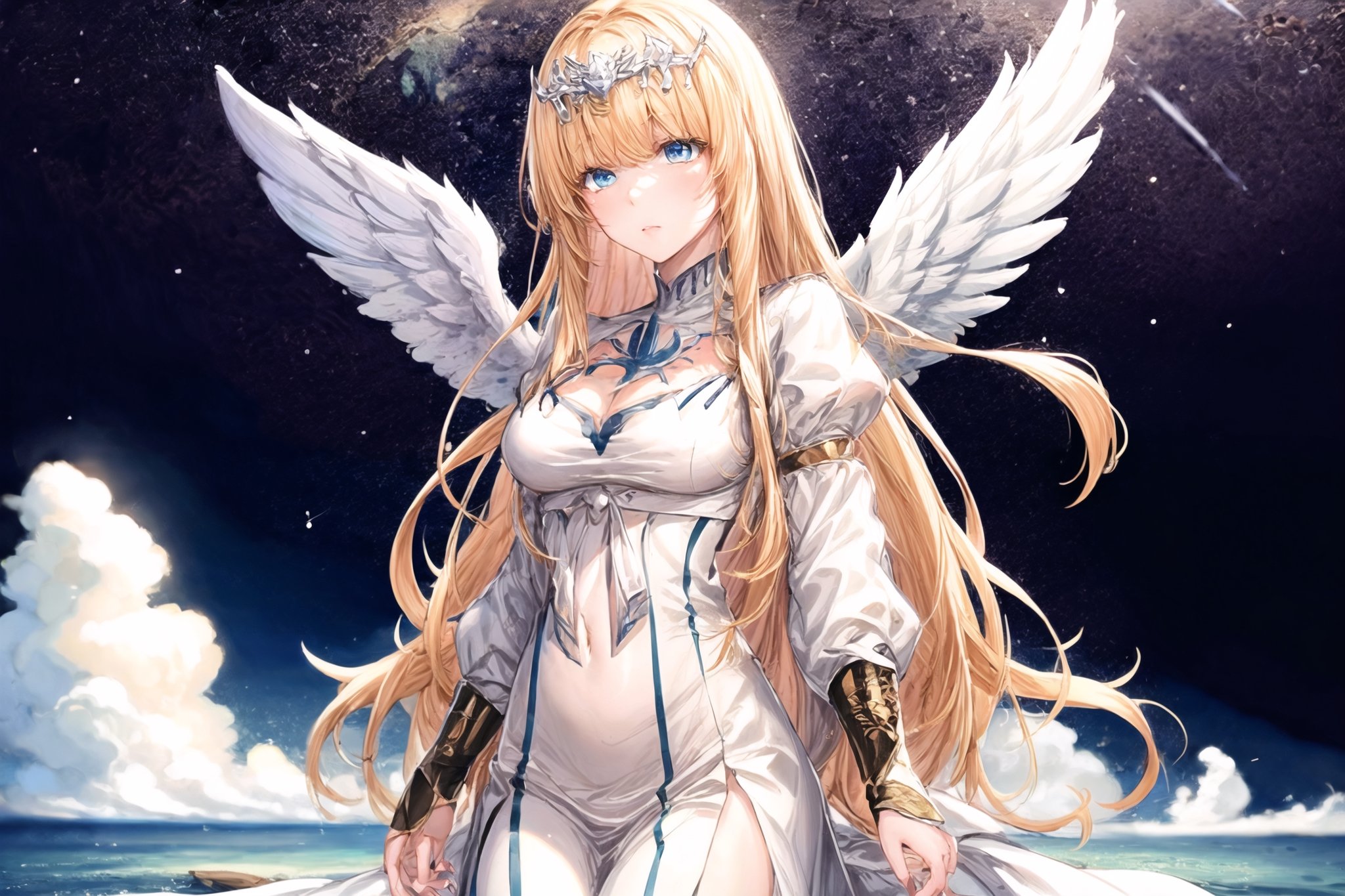  (Best Picture Quality, High Quality, Best Picture Score: 1.3), , Perfect Beauty Score: 1.5, 1angel girl, (solo), angel wings), Going on an adventure, on an isolated island, (full_body), beautiful,, masterpiece, best quality,perfect light,calca, blonde hair, very long hair, medium breast, white tiara, white dress, blue eyes