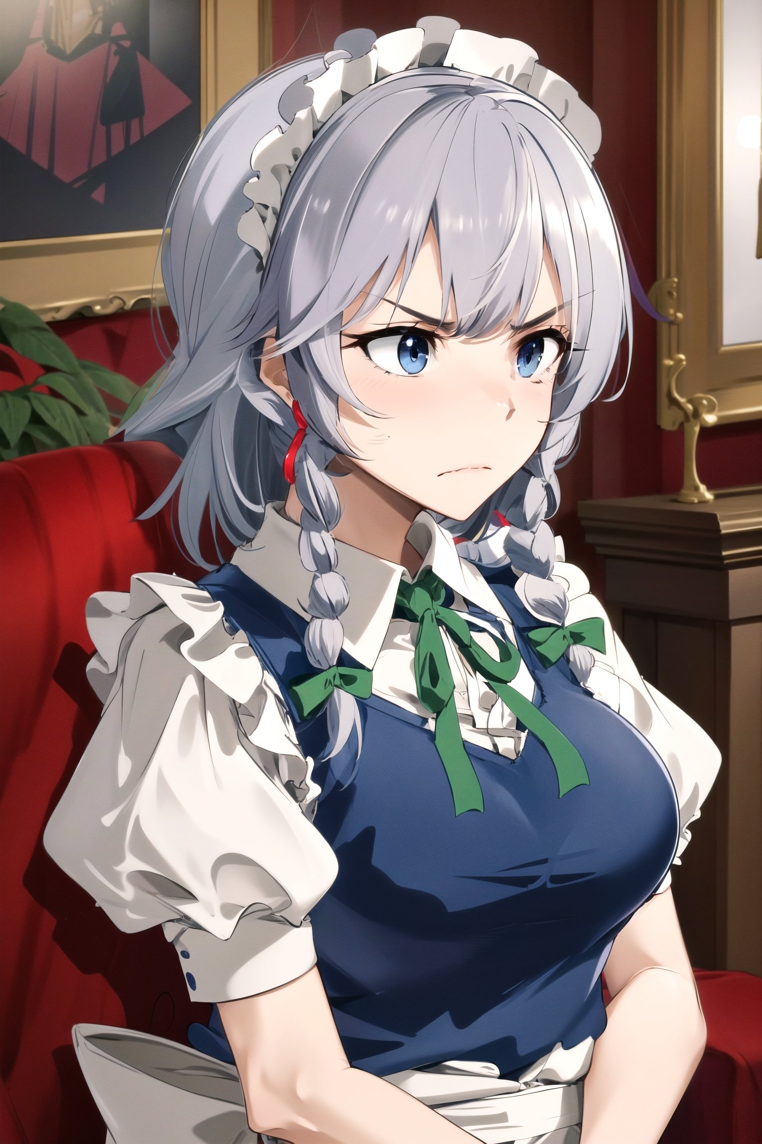 masterpiece, best quality, high-res,  1girl, solo, sakuya1, izayoi sakuya, maid, , grey hair, medium breasts, , , indoors,, serious face, blue eyes, dark blue eyes, green ribbons, indoor, victorian gothic style mansion