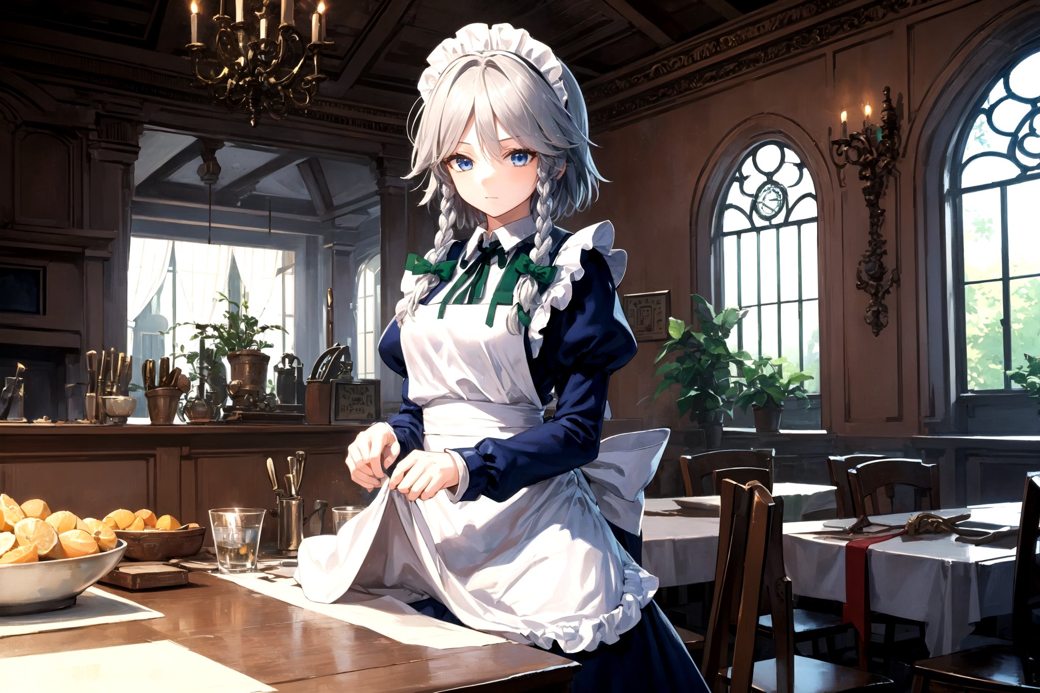 //Quality,
masterpiece, best quality
,//Character,
1girl, solo
,//Fashion,
,//Background, indoor, gothic Victorian mansion
,//Others,
, full_body,izayoi_sakuya_touhou, , silver hair, maid dress, white apron, very short skirt,, sleeveless outfit, detailed face, detailed eyes, fresh blue eyes, big green ribbons, blue outfit, double braids, small green ribbons