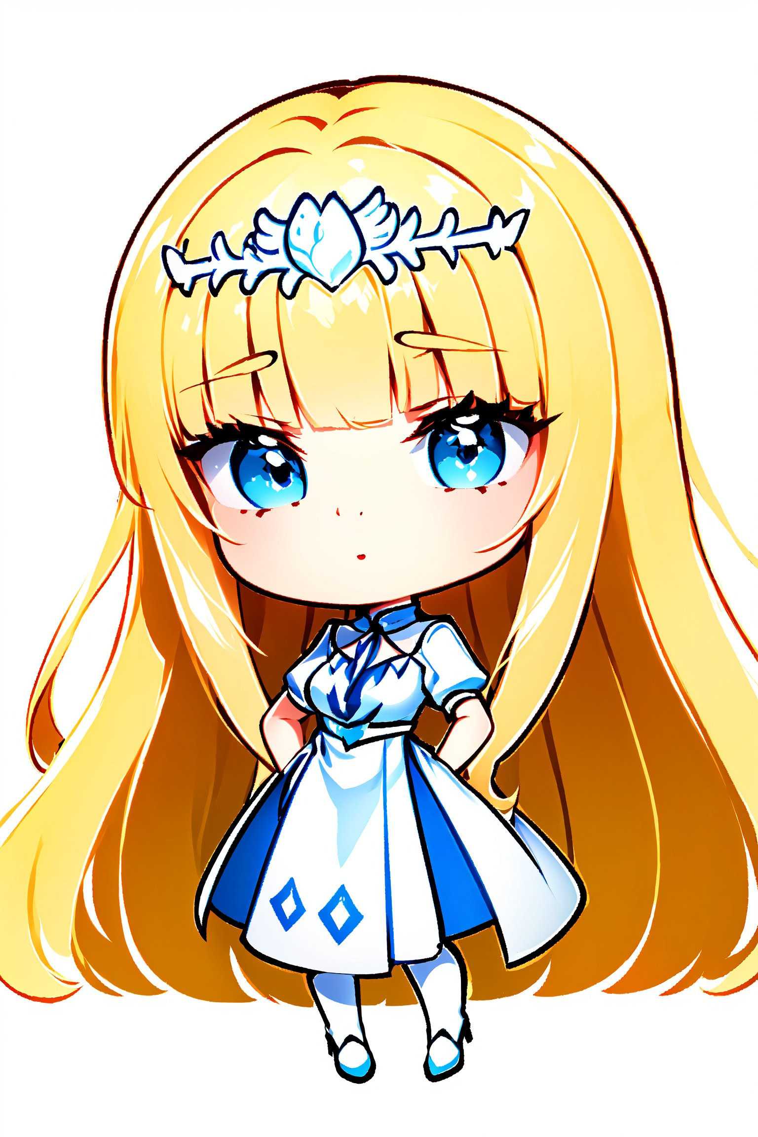 Cute girl, White background, full body image, masterpiece quality, stunning image, beautiful blonde hair, detailed image, one hand on the waist,Chibi, ,1girl, solo, Calca, Calca Bessarez, blonde hair, (extremely long hair:1.3), very long hair, white tiara, white dress, blue eyes, medium chest