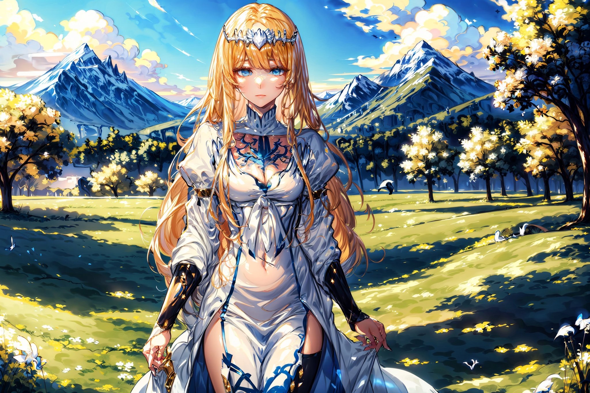 goddess, delicate elegant .nature, mountain,small birds, best quality, high beautiful, super fine illustration, 1girl, solo, Calca, Calca Bessarez, blonde hair, (extremely long hair:1.3), very long hair, white tiara, white dress, blue eyes, medium chest