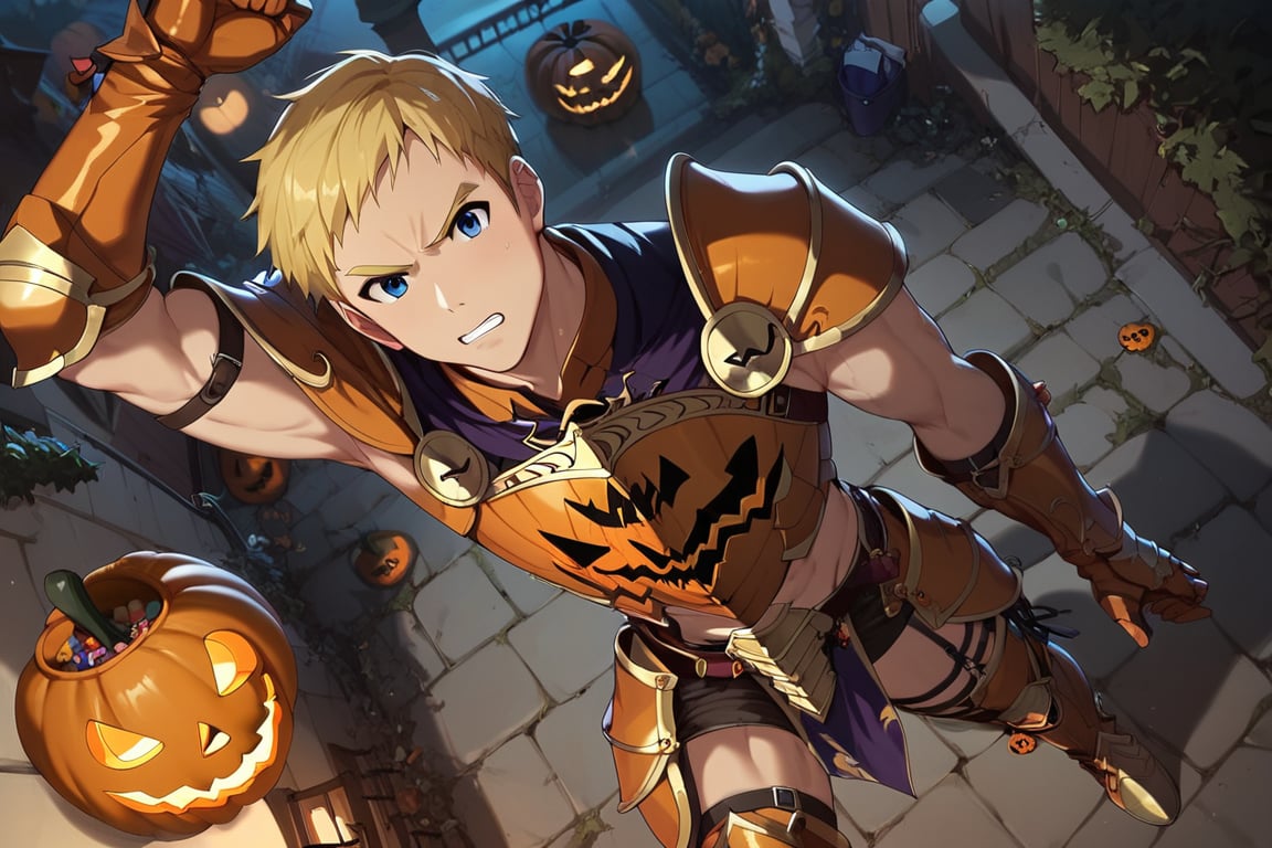 Climb, score_9, score_8_up, score_7_up,, masterpiece, best quality, best aesthetic, 1boy, ((solo)), male focus, blonde hair, blue eyes, short-hair, Halloween armor, orange gauntlets, pumpkins shoulder armor, Spooky breastplate, orange armored boots, d, clenched fists, arm up, outdoors,  from above,  (Halloween party:1.4), (Halloween decoration:1.4),