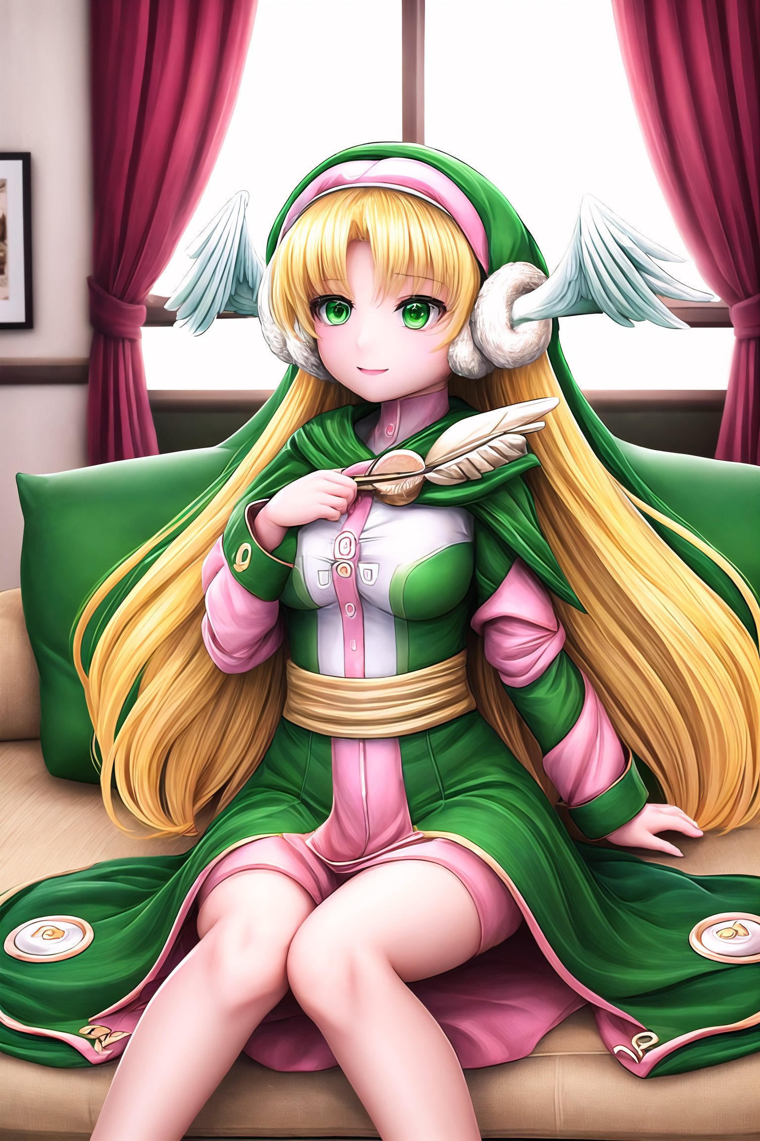 (full body), indoors, sitting on couch, 1girl, Divine Chant, 4th Seat of the Black Scripture, blonde hair, green eye, pink dress, green hood, very long hair, 1girl, (white angelwing-shaped earmuffs:1.3),