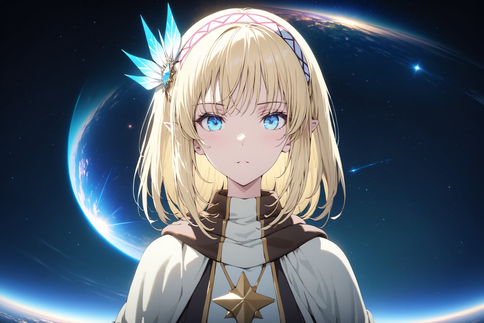 gorgeous girl, upper body, looking at the viewer, front view, dynamic pose. Double exposure with a starry sky, masterpiece, ((double exposure)), proportional, 1girl, cayna, blue eyes, pointy ears, hair ornament, blonde hair, shoulder_lengh hair, hair band