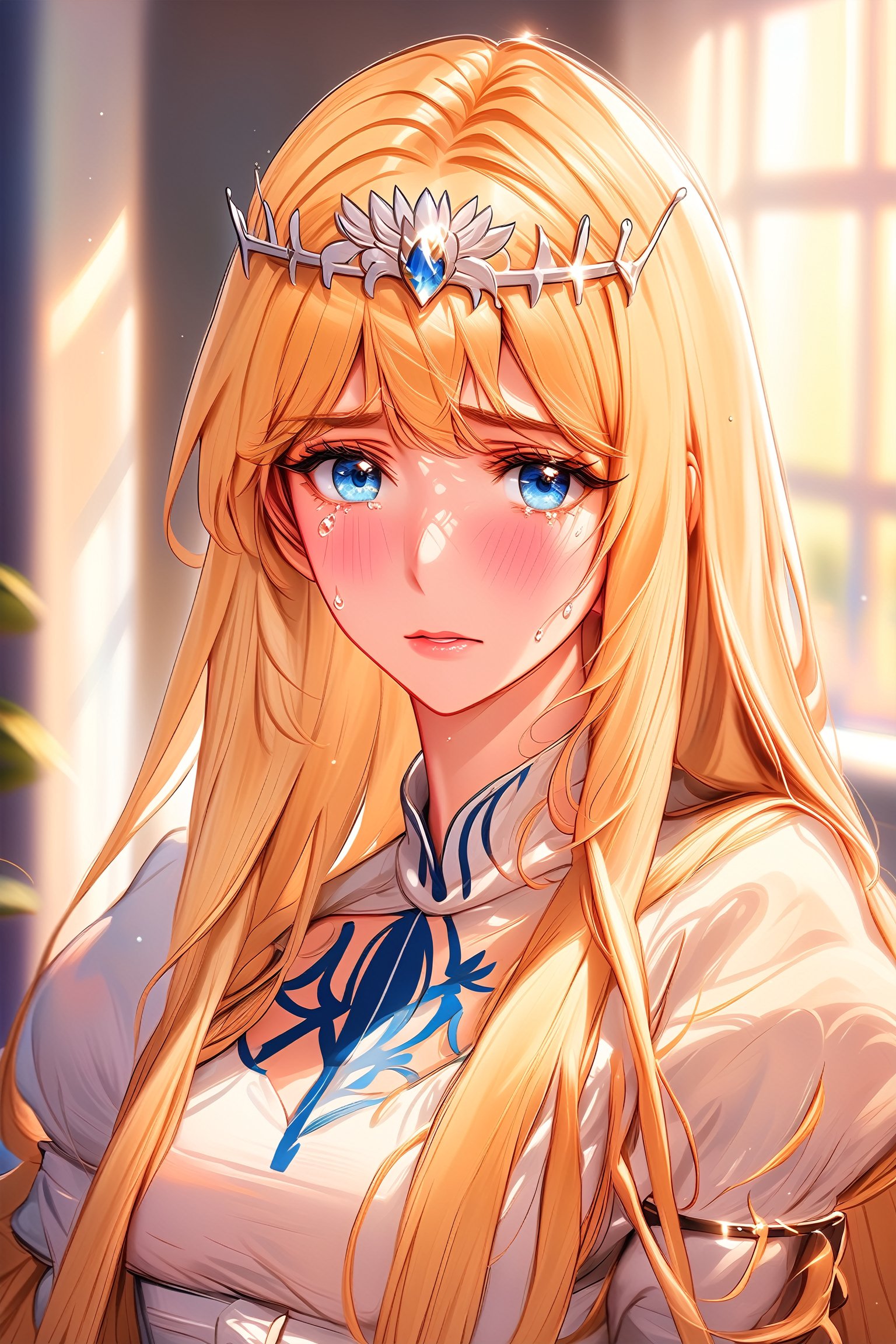 1girl, solo, masterpiece quality, looking at the viewer, blush, blue eyes, tears, blurry, eyelashes, crying, portrait, medium shot, reflection, crying with eyes open, Eyes, Calca, Calca Bessarez, blonde hair, (extremely long hair:1.5), very long hair, white tiara, white dress, blue eyes,extremely long hair