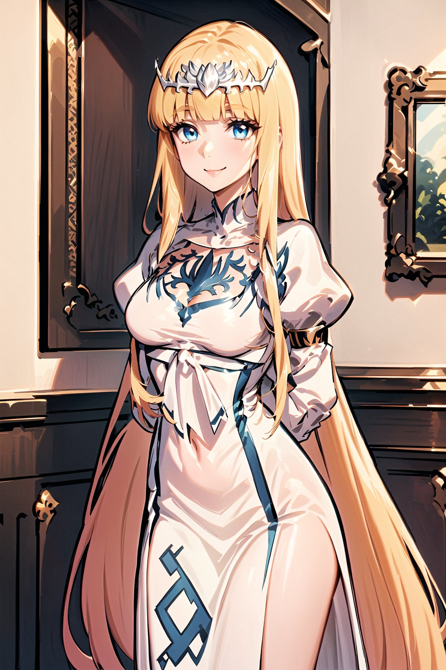 {{full body}}, blunt bangs, alone, beautiful girl, best Smile, ,ultra-detailed, 4k, 4K, high quality, 1girl, solo,,Calca, Calca Bessarez, blonde hair, (extremely long hair:1.3), very long hair, white tiara, white dress, blue eyes, medium chest