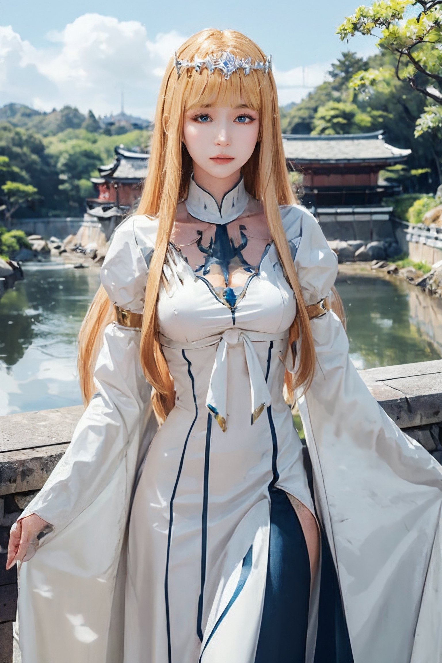 , 1girl, solo, Calca, , calca, blonde hair, long hair, medium chest, extremely long hair, very long hair, extra long hair, white tiara, white dress, blue eyes,Calca Bessarez,medium breast,, ,, masterpiece, best quality,, kyoto castle, 