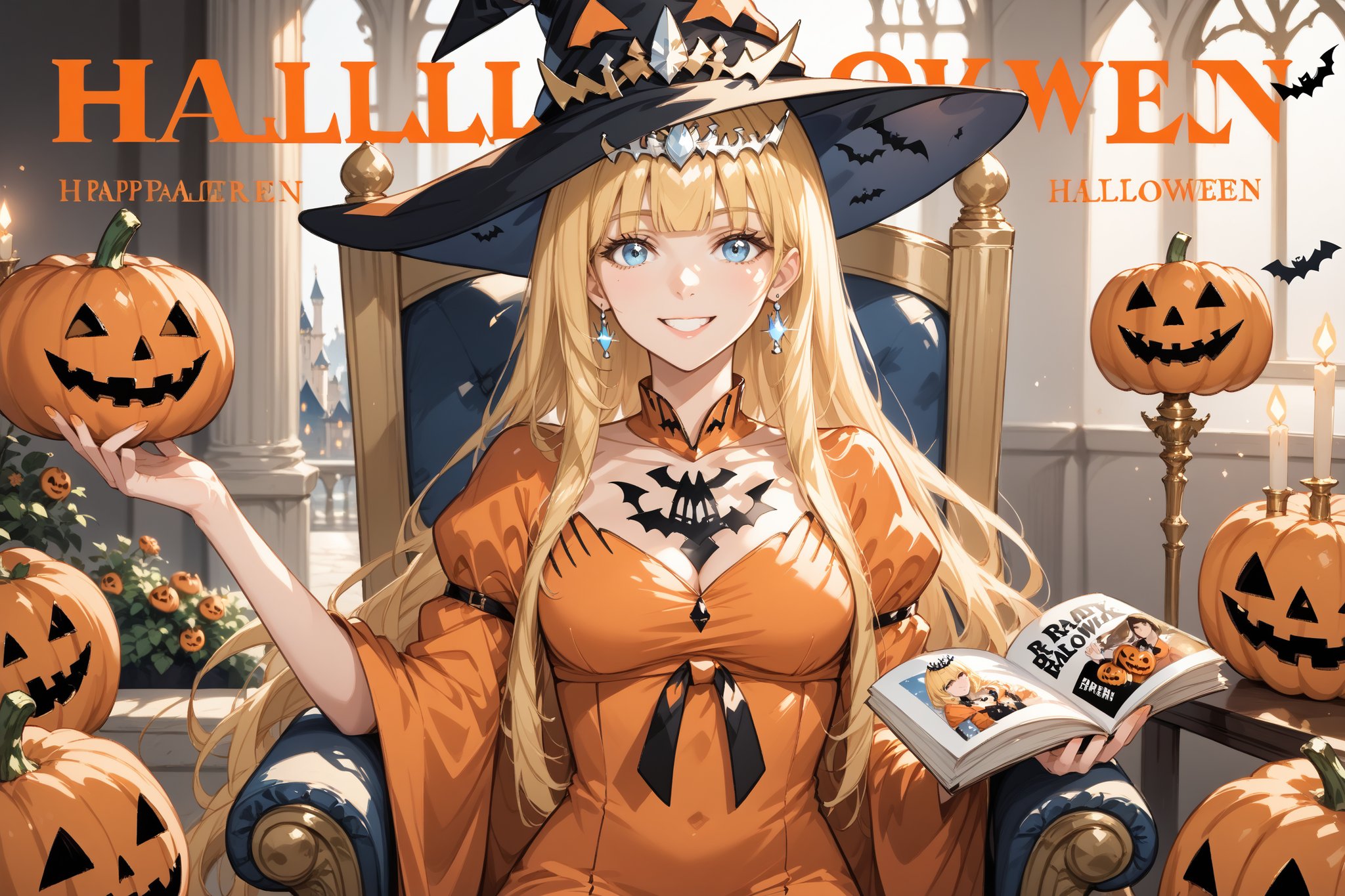 magazine, magazine cover, score_9, score_8_up, masterpiece, best quality, highres, BREAK, solo, smile, female focus, earrings,
(masterpiece), (best quality), 8k illustration, solo, in hall, palace, throne,  (Halloween party:1.4), (Halloween decoration:1.4), blonde hair,Calca,Calca Bessarez,1girl,(extremely long hair:1.3), black tiara, orange dress, light blue eyes,medium chest,blunt bangs
, (orange witch dress:1.4)