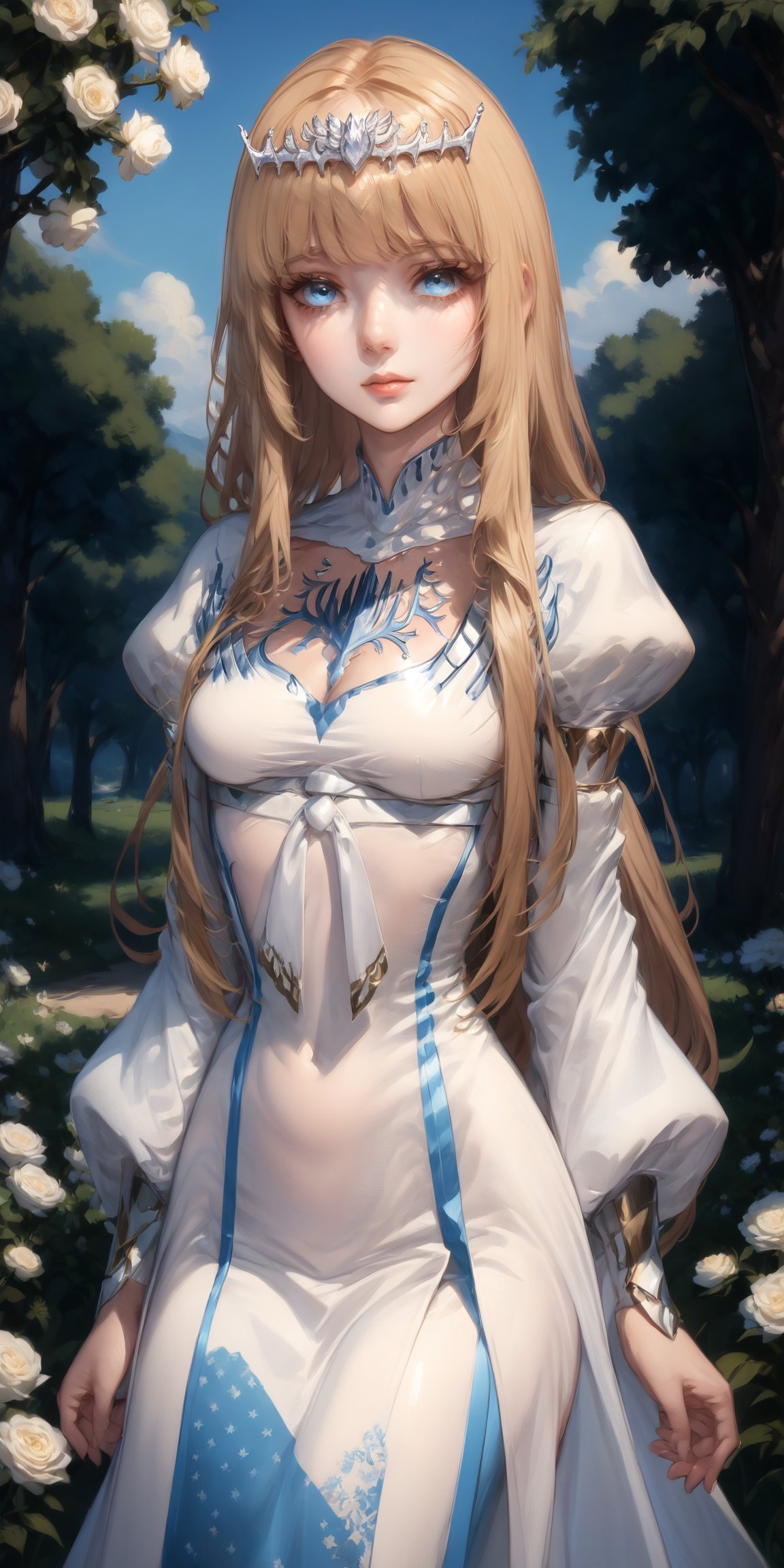 , looking at viewer,  flower, standing, 1girl, solo, Calca, Calca Bessarez, blonde hair, (extremely long hair:1.3), very long hair, white tiara, white dress, blue eyes, medium chest,extremely long hair, blunt_bangs, bangs