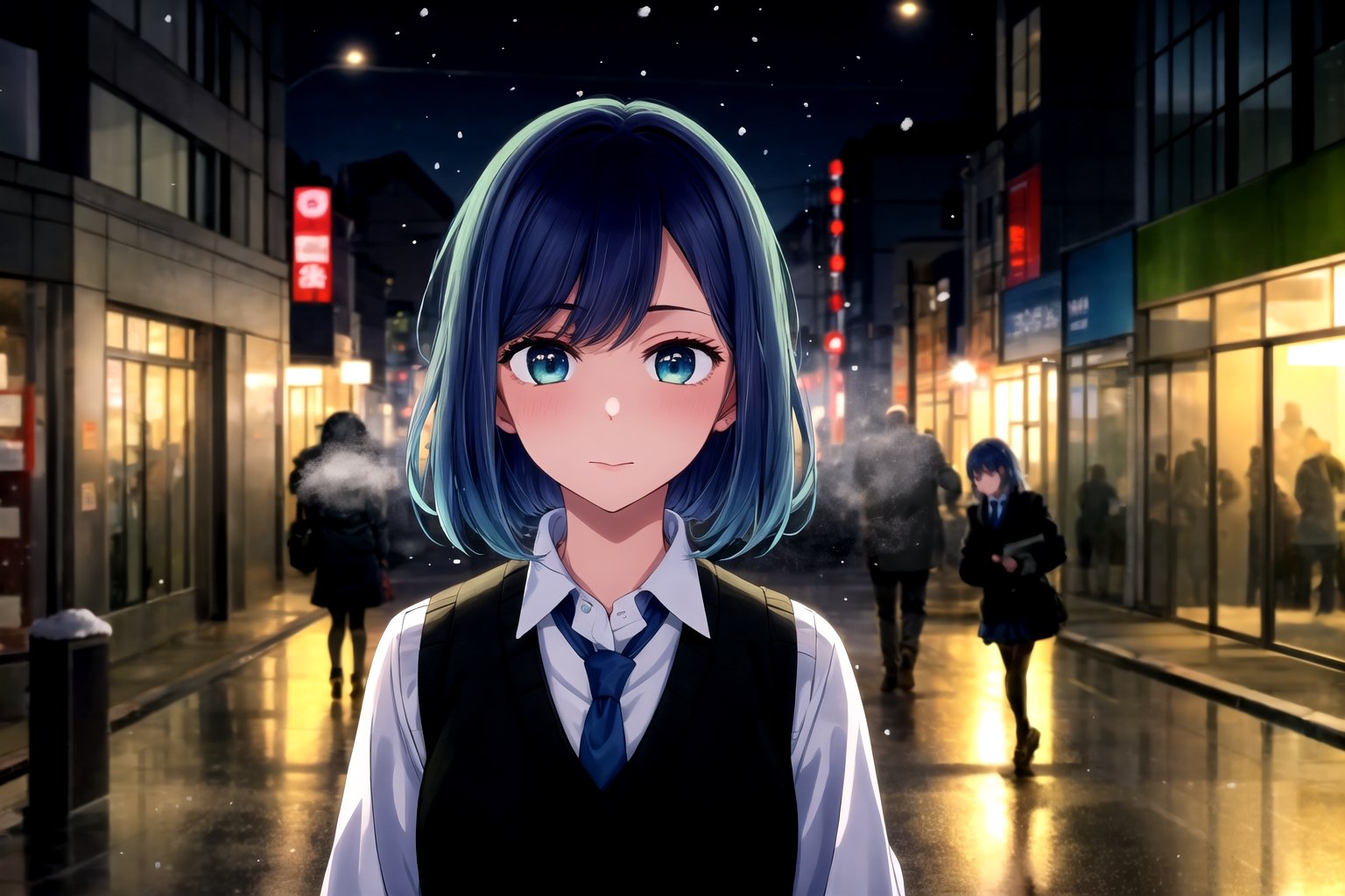 //Quality,
(masterpiece), (best quality), 8k illustration, wallpaper
,//Character,
1girl, solo
,//Fashion,
,//Background,
buildings, city, outdoors, sidewalk, japanese city, shibuya, night, nighttime, detailed_background, depth_of_field, lens flare, misty, foggy
,//Others,
akane, white shirt, sweater vest, black vest, blue necktie, upper body, portrait, bush, looking at viewer, beautiful lighting, light on face, akane, facing the light, falling_snow, snowing, ,masterpiece, dark, hand to own mouth, fingernails,