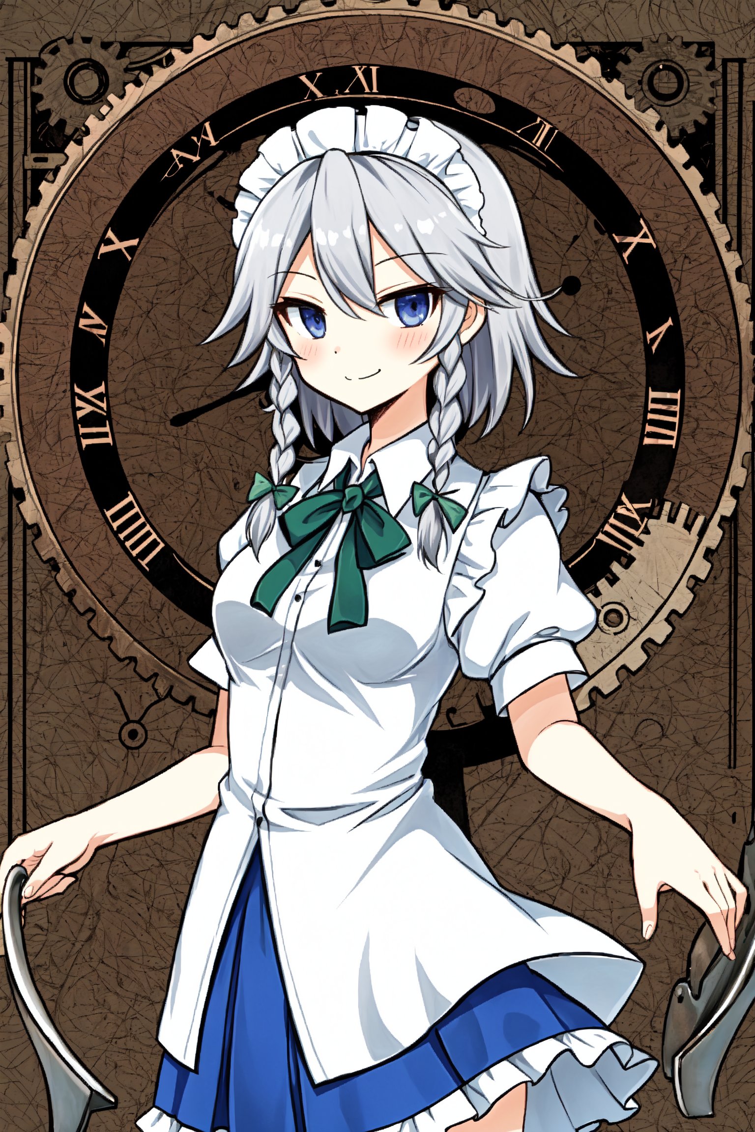 Solo, cute lady, (izayoi sakuya), closed mouth, smile, cowboy shot, (clockwork theme)