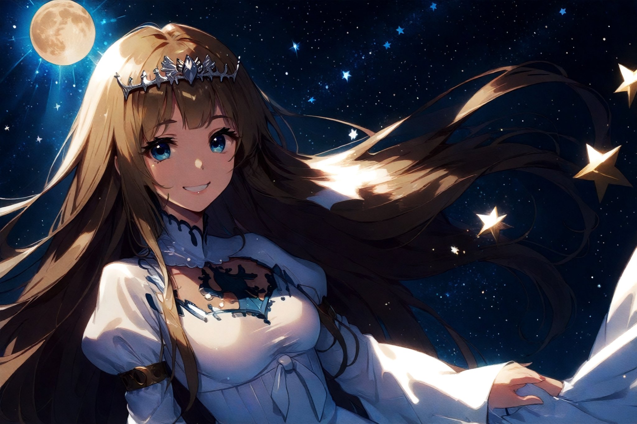 Prompt: solo, looking at viewer, details in hair, 1girl,, girl focus, grin,portrait,smile, screensaver, wallpaper, colorful, happy, amazing, moon, stars, ,Calca, , blonde hair, medium chest, extremely long hair, very long hair, extra long hair, white tiara, white dress, blue eyes,