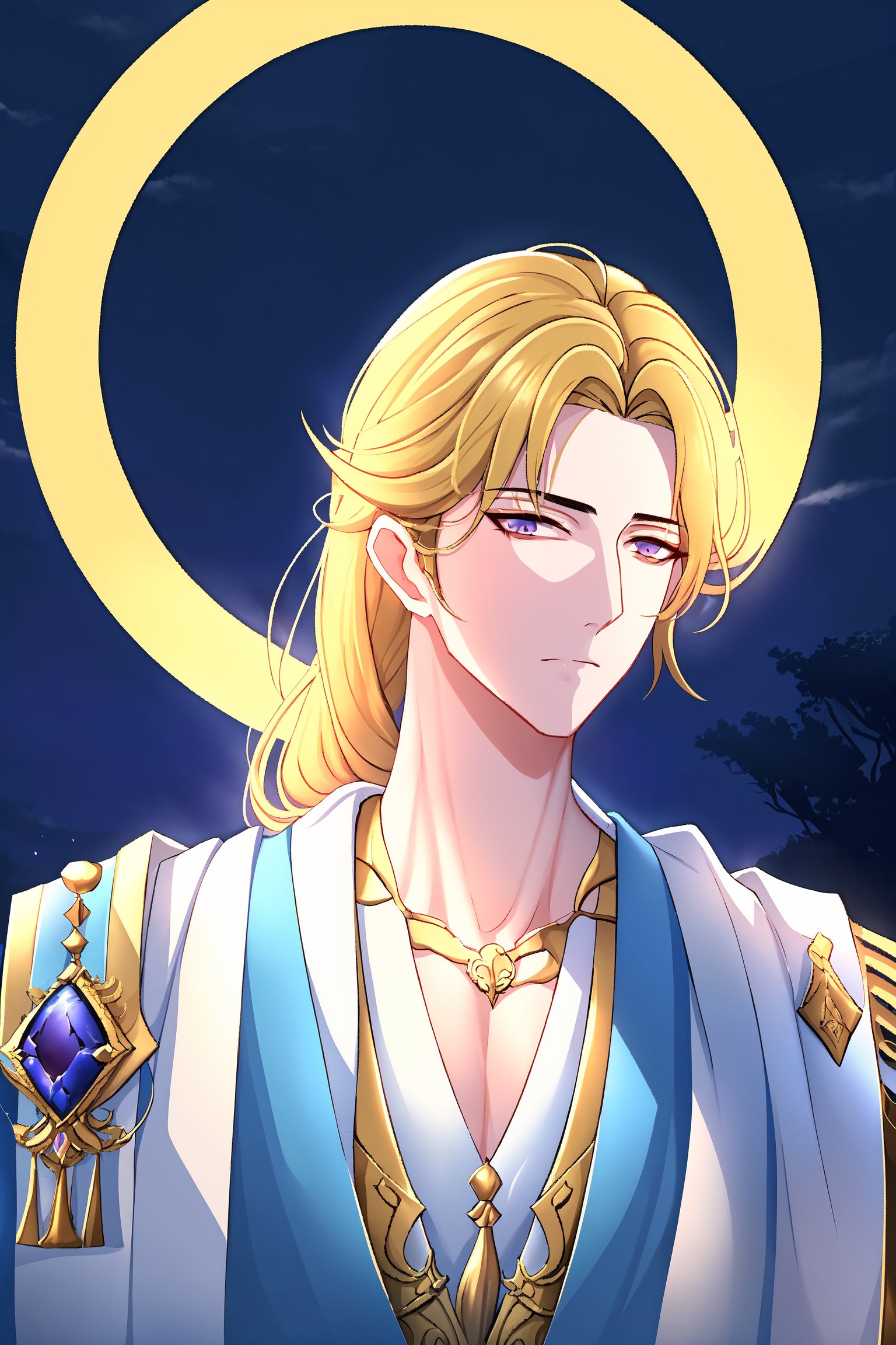 The background of the picture is a luxurious ancient city. Detailed eyes, detailed image, and a proportional and beautiful body. It's nighttime. upper body,Hyouka,1male,solo,blonde hair,brown eyes,one-sided braid,very long braided hair,one shoulder armor, handsome man, 25 years old, serious face