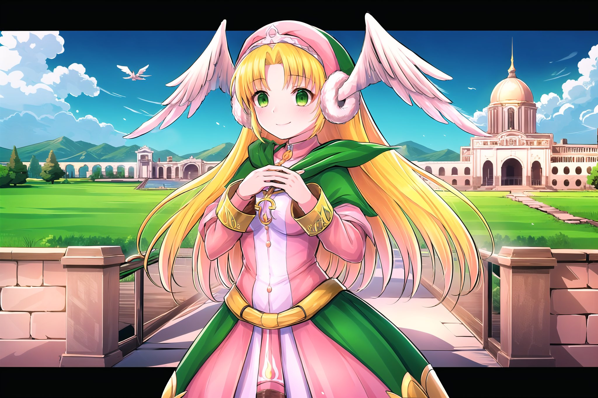 (masterpiece),  scenery, ,  smile, palace,  medium chest, Divine Chant, 4th Seat of the Black Scripture, blonde hair, green eye, (pink dress:1.2), green hood, very long hair, 1girl, solo, angelwing-shaped earmuffs