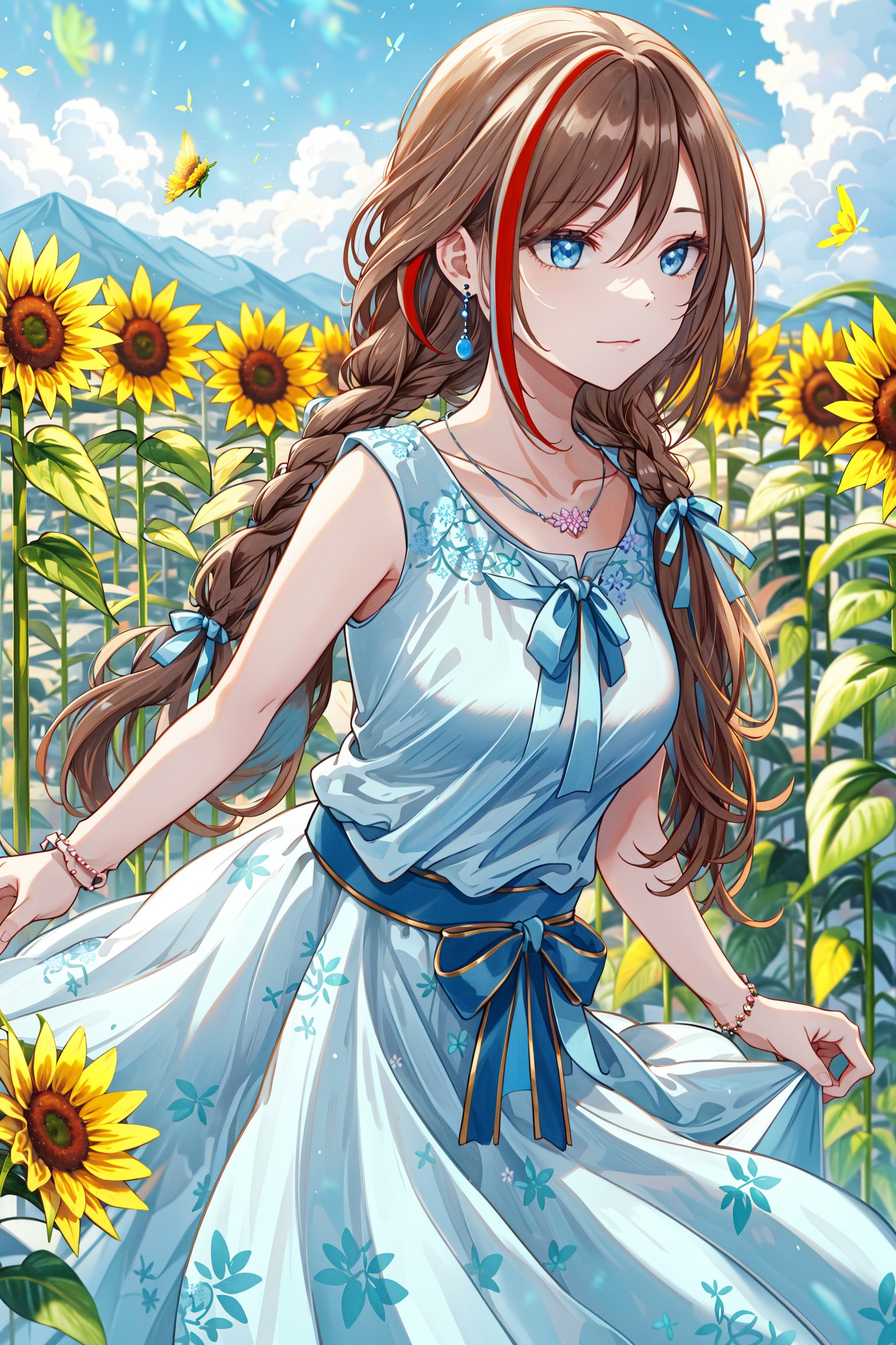  flower, outdoors,  blurry, from the side, yellow flower, sunflower, 1girl, solo,aanatsume, long hair, multicolored hair, twin braids, hair ribbon, blue ribbon, hair over shoulder, earrings, medium breasts, collarbone, necklace, blue shirt, sleeveless, bracelet, sash, black ribbon, floral print, blue skirt