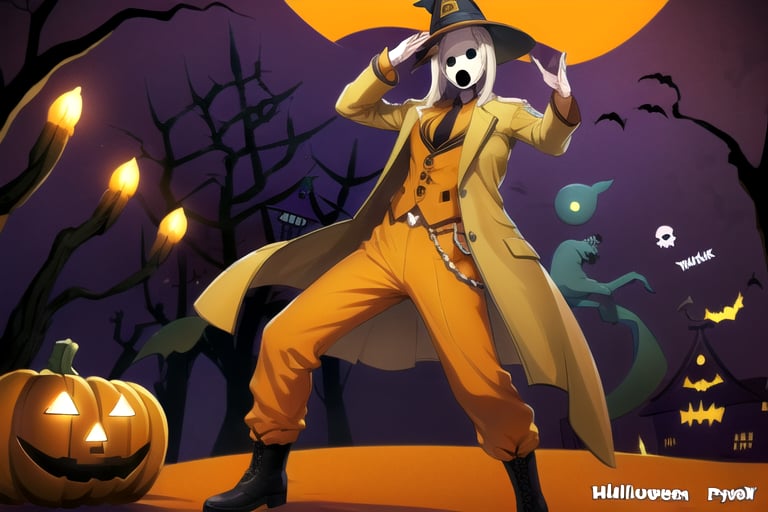 (masterpiece), (best quality), 8k illustration, , 
, 1male, solo, , Neutral mask, face man, four fingers, dark eyes, orange hat, orange trench coat, orange German soldier uniform, black necktie, orrange boots, pandora's actor, open mouth, black mouth, Pandora's Actor, salute pose,  (Halloween party:1.4), (Halloween decoration:1.4), pumpkin, bat, death tree, grave yard, outdoor, Horror atmosphere,, masterpiece, best quality, outdoor, graveyard, tomb, night time, full of ghost, surrounded by ghost, orange trouser