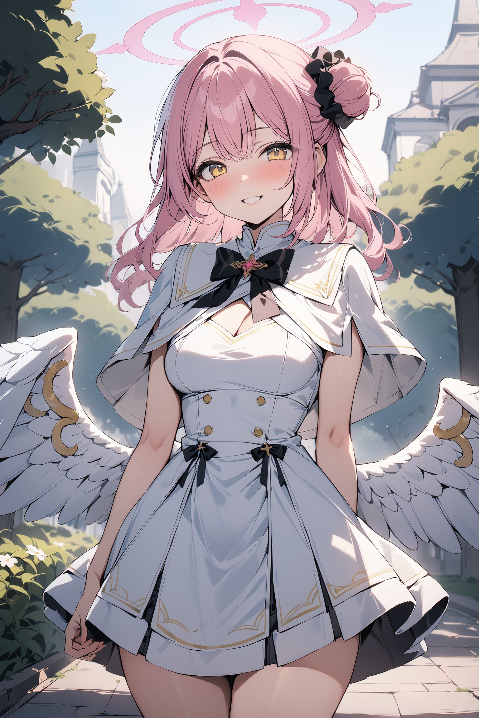 (8K, masterpiece,best quality, good anatomy:1.25), mika misono, yellow eyes, pink hair, hair bun, halo, single side bun,angel wings, black scrunchi, capelet, dress, halo, low wings, pink halo, scrunchie, white capelet, white dress, white wings ,smile ,cowboy_shot,park,