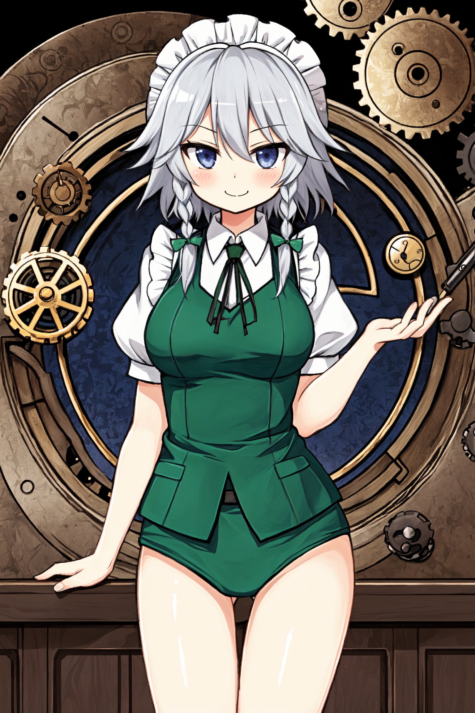 Solo, cute lady, (izayoi sakuya), closed mouth, smile, cowboy shot, (clockwork theme)