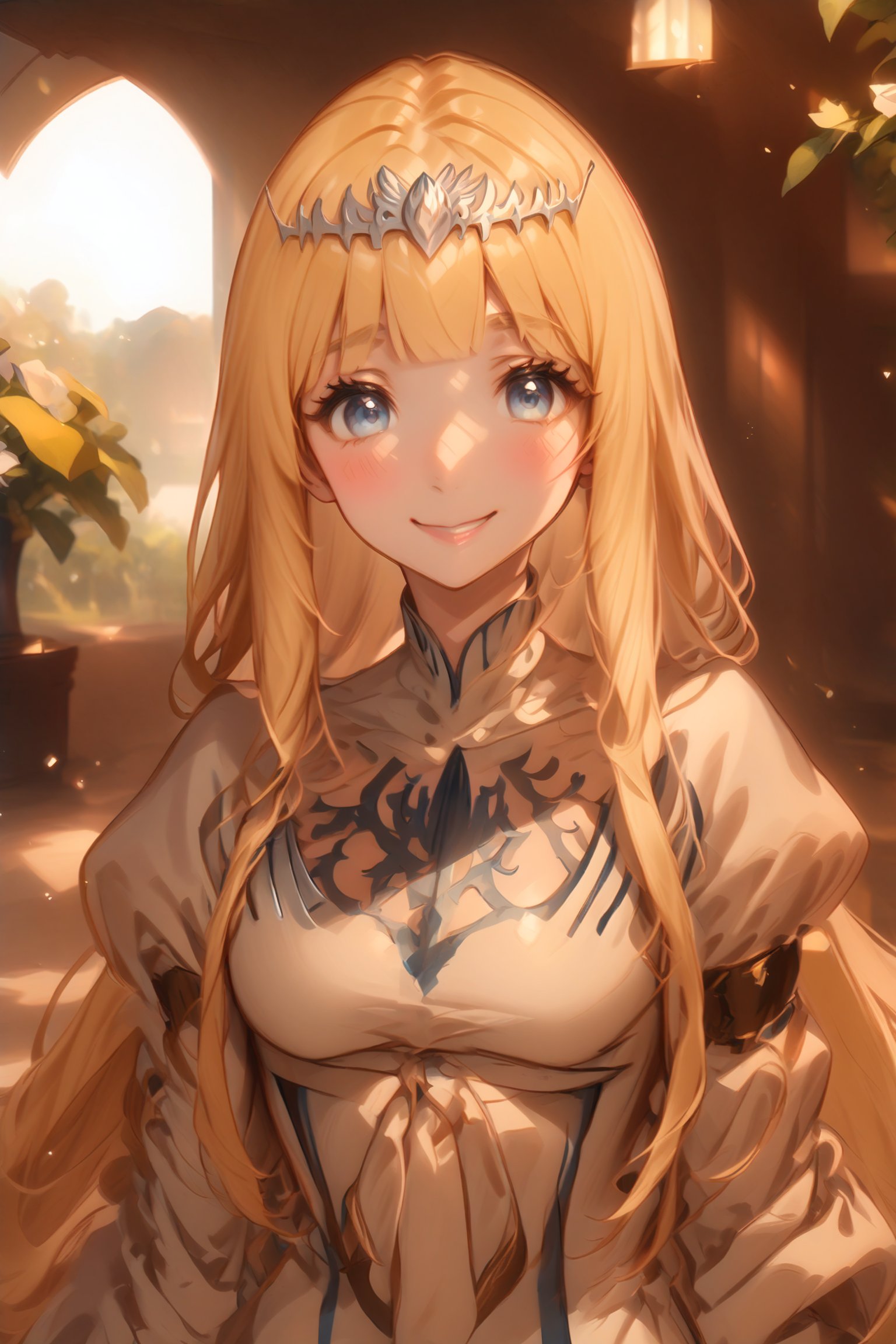 , looking at viewer, blush, smile,  light particles,Cute Anime, 1girl, solo, Calca, Calca Bessarez, blonde hair, (extremely long hair:1.3), very long hair, white tiara, white dress, blue eyes, medium chest,extremely long hair, blunt_bangs, bangs