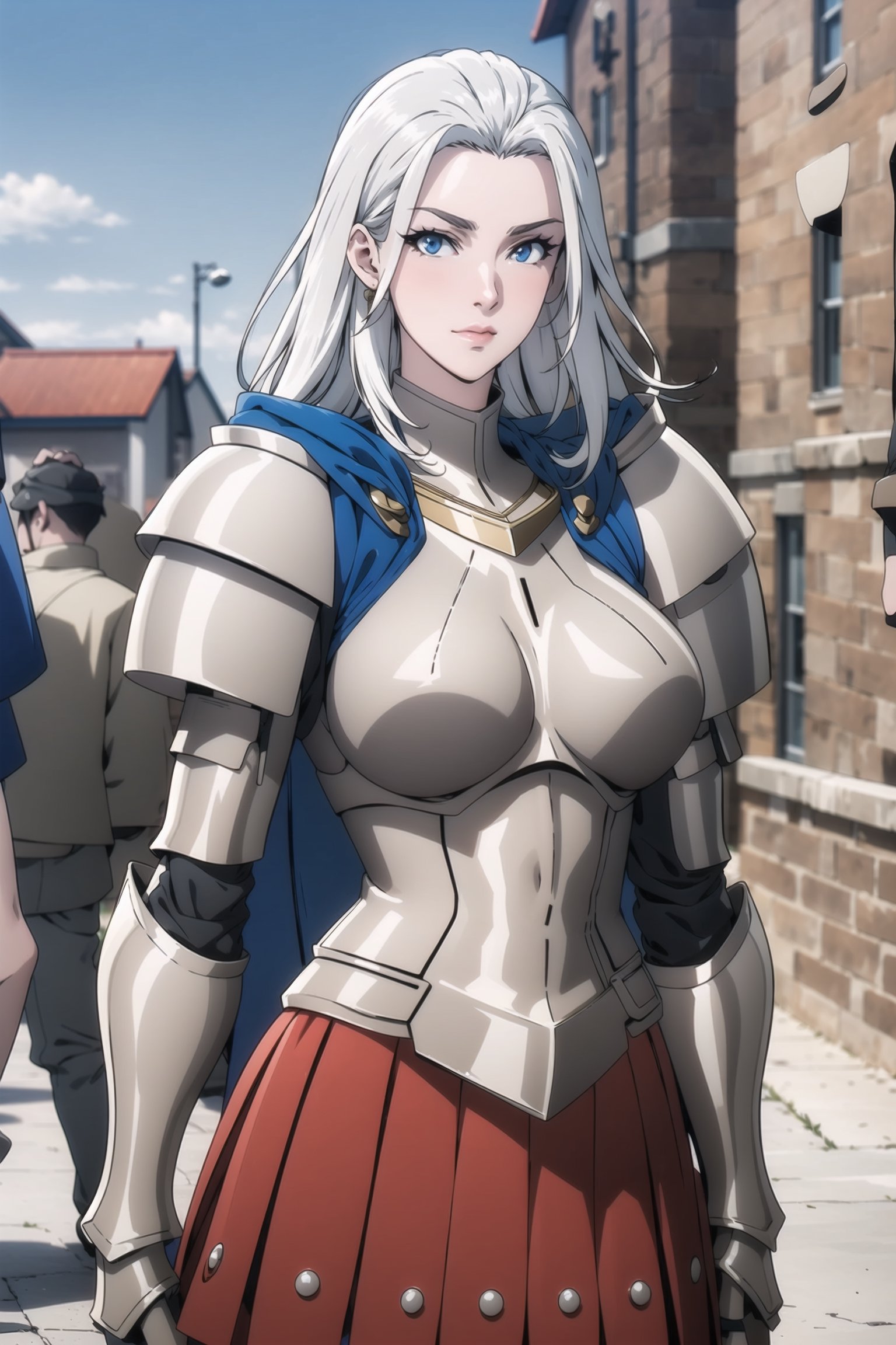 1girl, solo, looking at the viewer, short skirt,, Confidence and pride,, beauty, masterpiece, best quality,, pastel,,,,Scama,, , silver hair, long straight hair, female knight, knight girl, silver armor, blue eyes, silver helmet, silver headgear, gauntlet, red skirt, blue cloak, shoulder armor