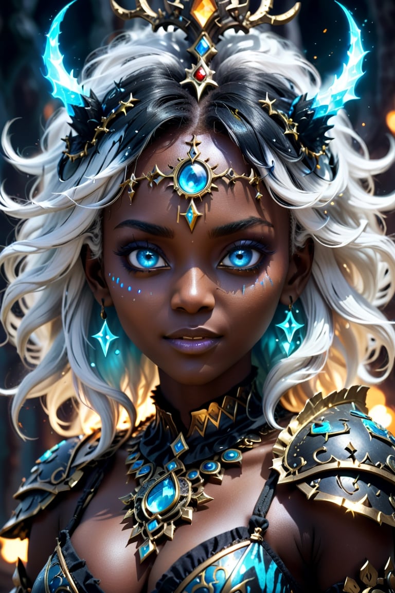 (((black skin)))Envison a tall shamanic necromancer surrounded by volumetric mist of decay,  iridescent blue eyes,  sinist...