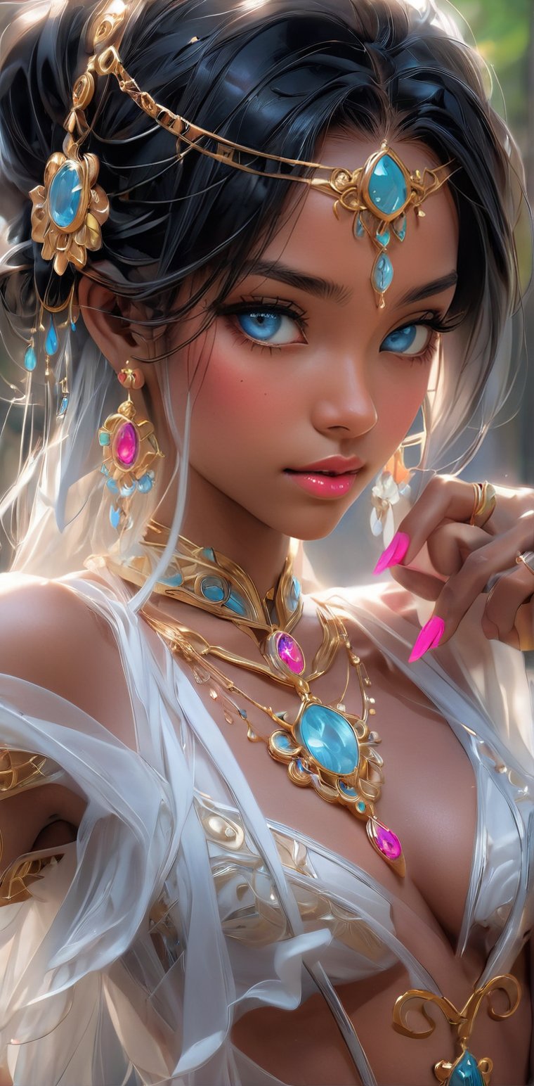 A stunning white-skinned female sits solo,  her long black hair cascading down her back like a waterfall. Her piercing blu...