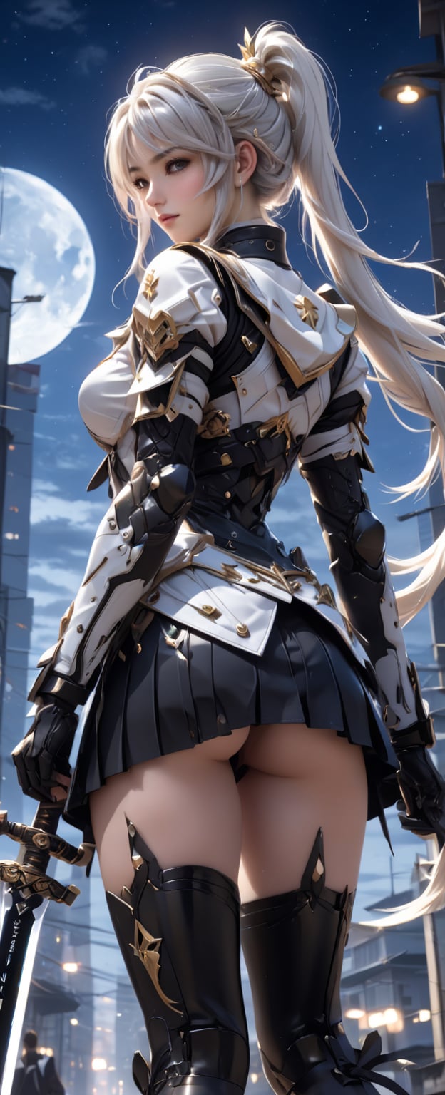 masterpiece,best quality,official art, extremely detailed CG unity 8k wallpaper,exquisite facial features,prefect face,shiny skin,Cinematic Lighting,metallic luster1girl, full body,solo, back at the view,full moon, long white hair, skirt, thighhighs, twintails, school uniform, standing, ponytail, weapon, sky, serafuku, sword, from behind, high heels, night, moon, night sky, 