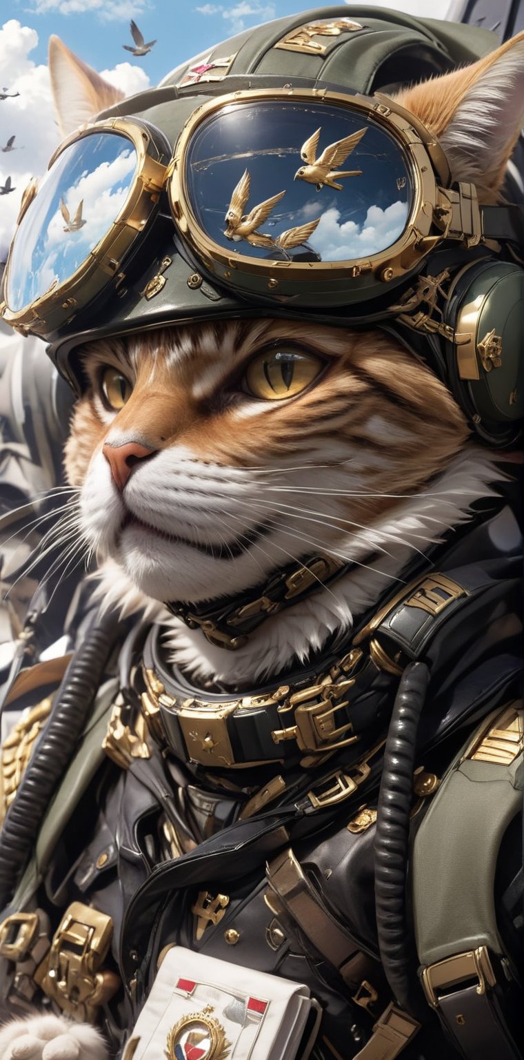 solo, 1boy, animal ears, male focus, sky, cloud, uniform, collar, military, military uniform, bird, animal, cat, helmet, goggles, furry, in aircraft, , whiskers, pilot