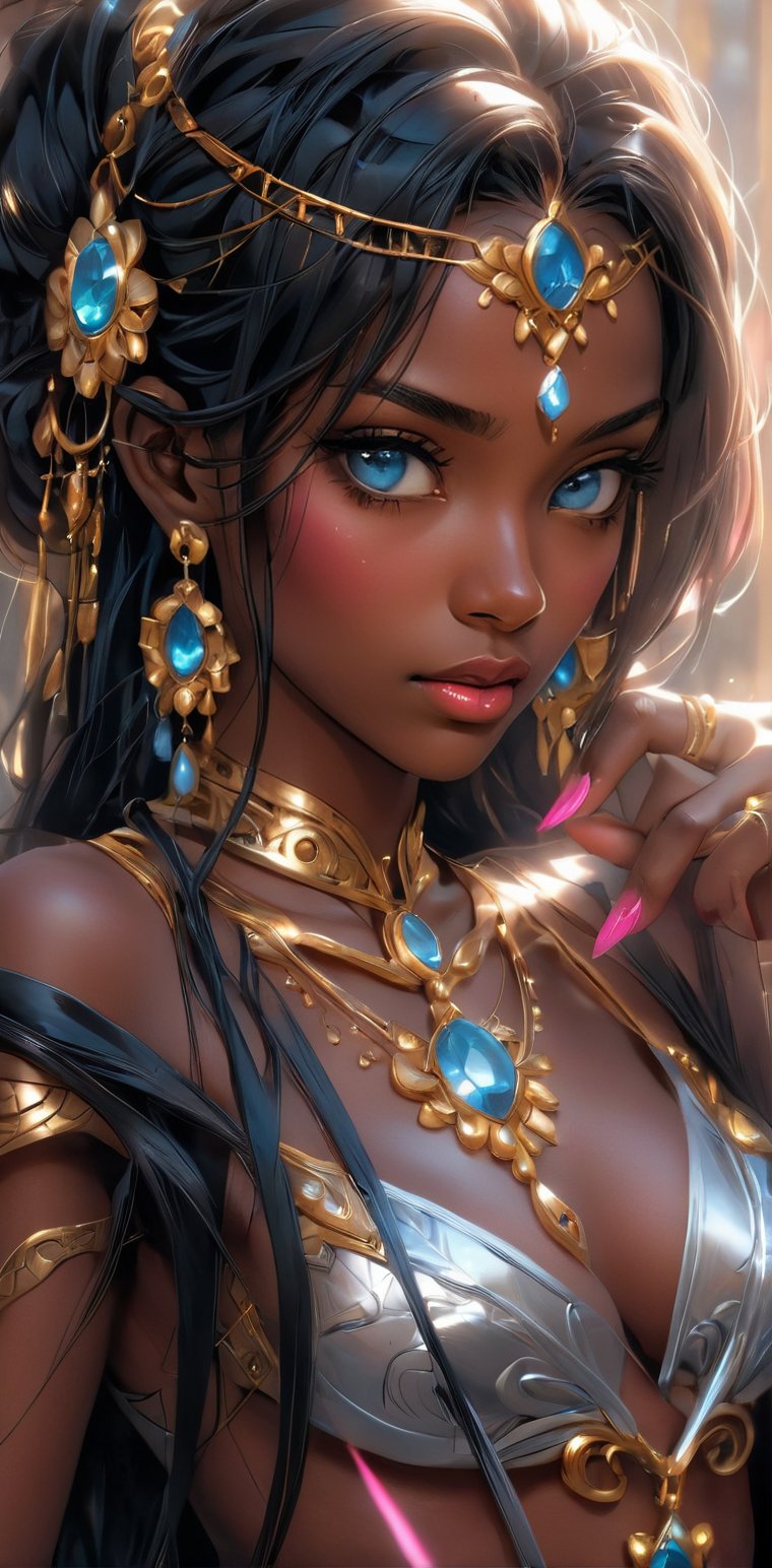 A stunning dark-skinned female sits solo,  her long black hair cascading down her back like a waterfall. Her piercing blue...