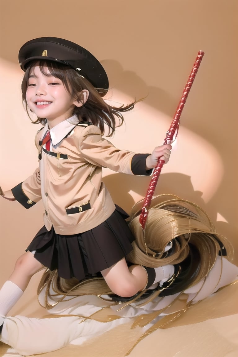 1girl, solo, looking at viewer, blush, smile, bangs, simple background, shirt, hat, white background, school uniform, white shirt寫著血小板, upper body, collared shirt, signature, medium hair, grin, black dress, red ribbon, half-closed eyes, child, meme, smug, eden academy school uniform